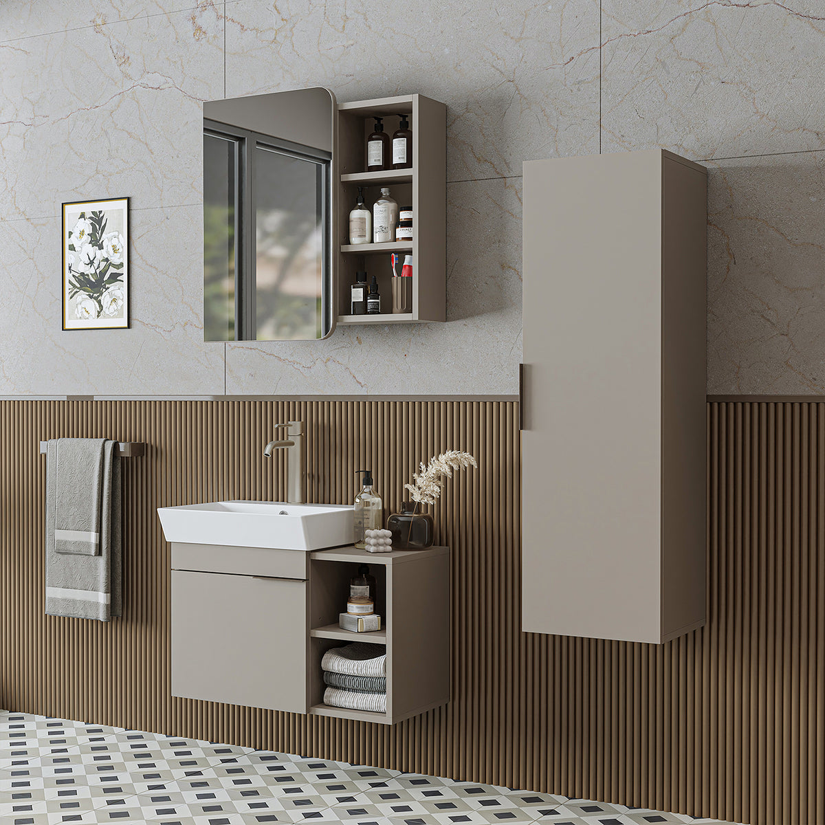 Roomart Badmöbel-Set LYCIA 72 cm, 4-teilig mit Spiegelschrank und Hochschrank, in 4 Farben