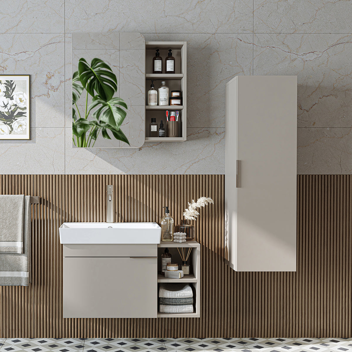 Roomart Badmöbel-Set LYCIA 82 cm, 4-teilig mit Spiegelschrank und Hochschrank, in 4 Farben