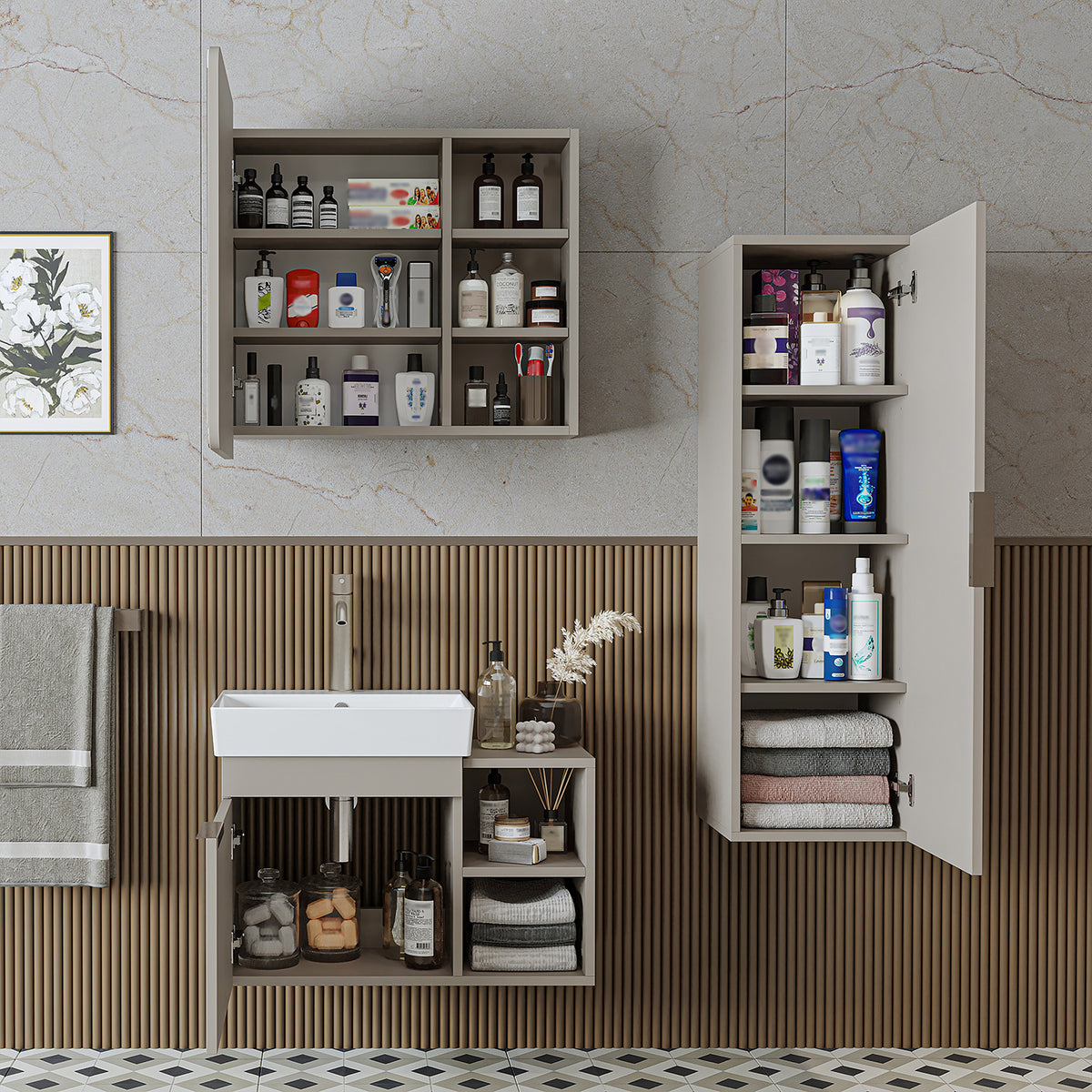 Roomart Badmöbel-Set LYCIA 72 cm, 4-teilig mit Spiegelschrank und Hochschrank, in 4 Farben