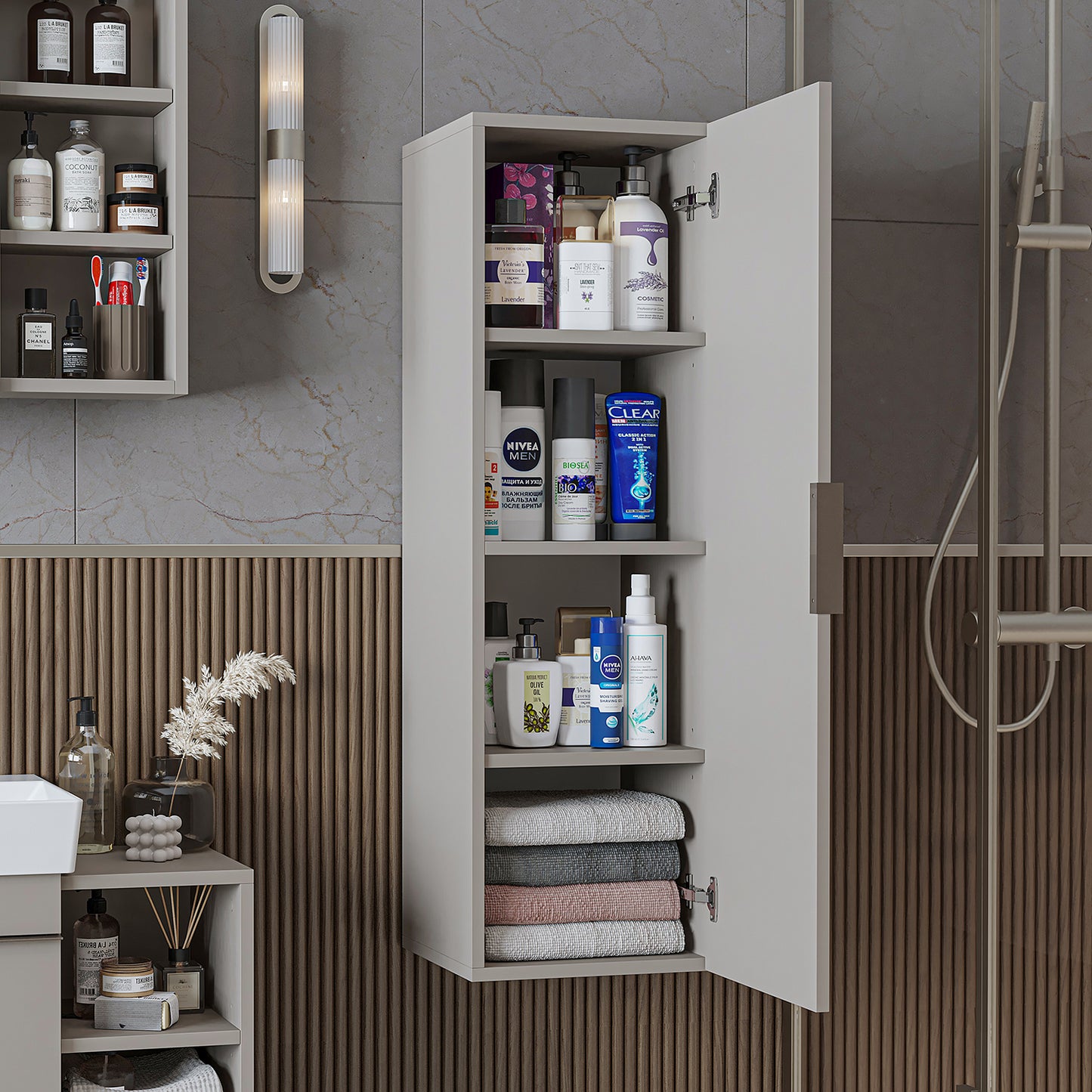 ROOMART Badmöbelset LYCIA 50 cm Unterschrank mit Keramik-Waschbecken, Spiegelschrank, Seitenschrank, Badezimmermöbel in 4 Farben