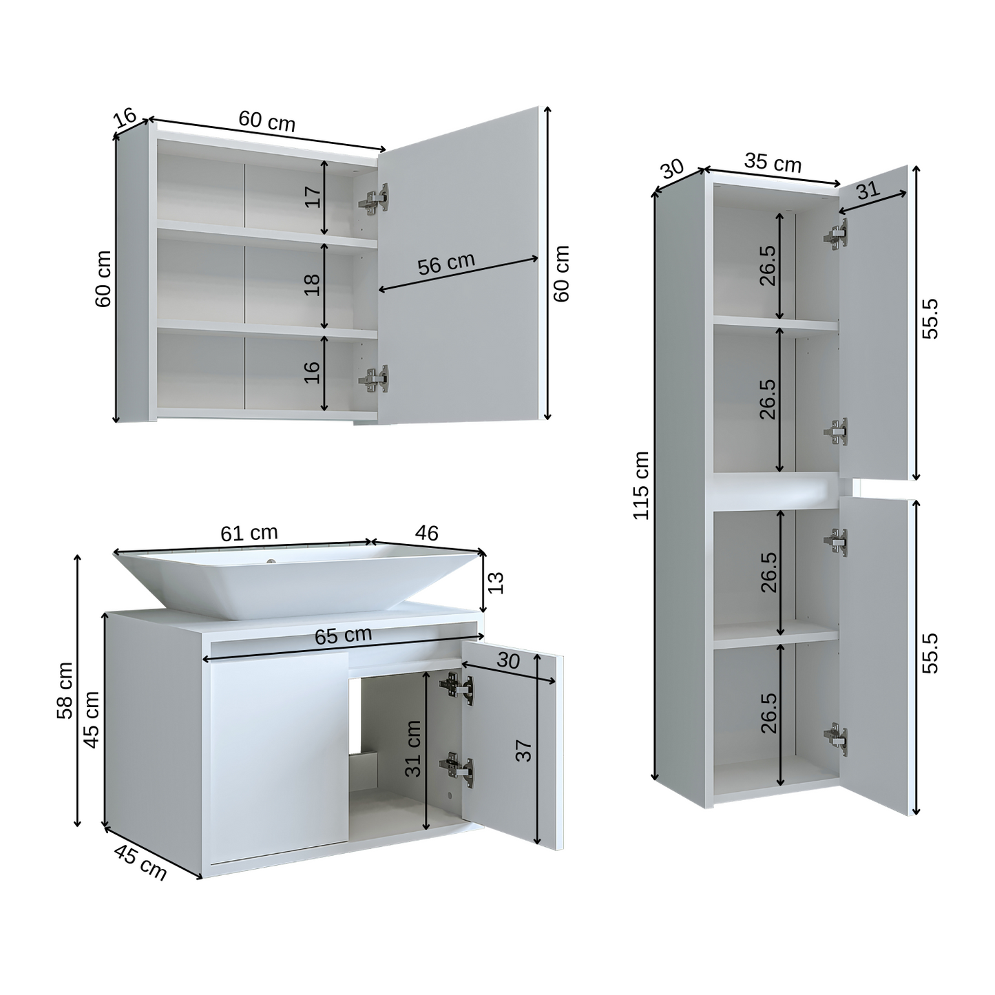 Roomart Badmöbel Set ATLANTIC 4-teilig, in 4 Farben, 65cm Unterschrank mit Keramikwaschbecken • Spiegelschrank • Hochschrank