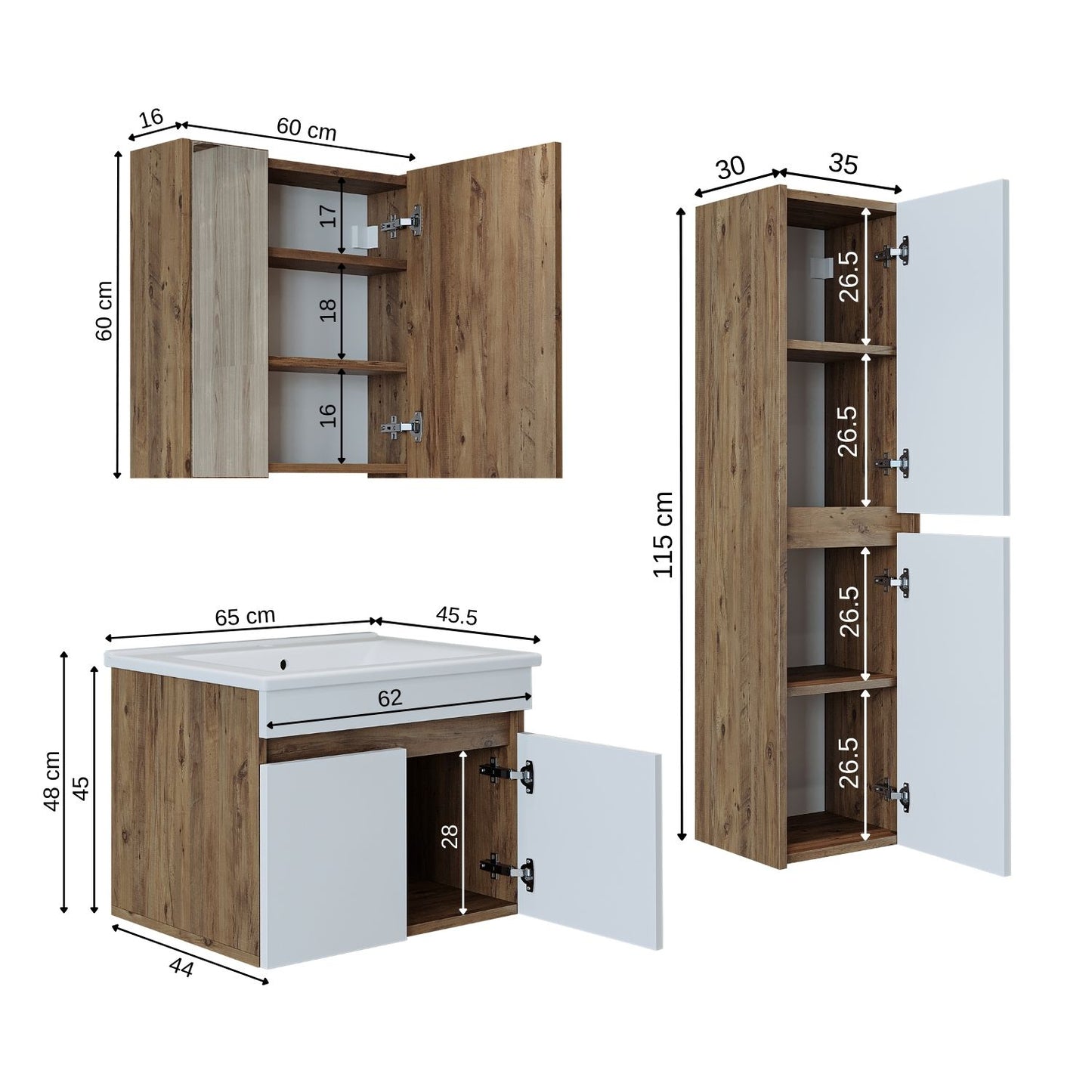 Roomart Ensemble de meubles de salle de bain ATRIA 65 cm Armoire basse avec lavabo Armoire haute - miroir salle de bain, armoire miroir salle de bain largeur 60 cm, armoire miroir salle de bain, armoire miroir avec éclairage, armoire miroir largeur 80 cm, armoires miroir pour salle de bain, miroir