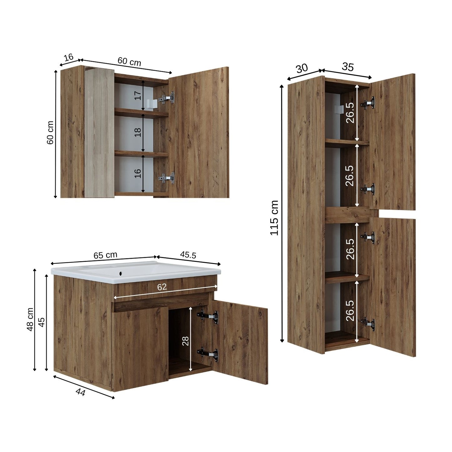 Roomart Ensemble de meubles de salle de bain ATRIA 65 cm Armoire basse avec lavabo Armoire haute - miroir salle de bain, armoire miroir salle de bain largeur 60 cm, armoire miroir salle de bain, armoire miroir avec éclairage, armoire miroir largeur 80 cm, armoires miroir pour salle de bain, miroir