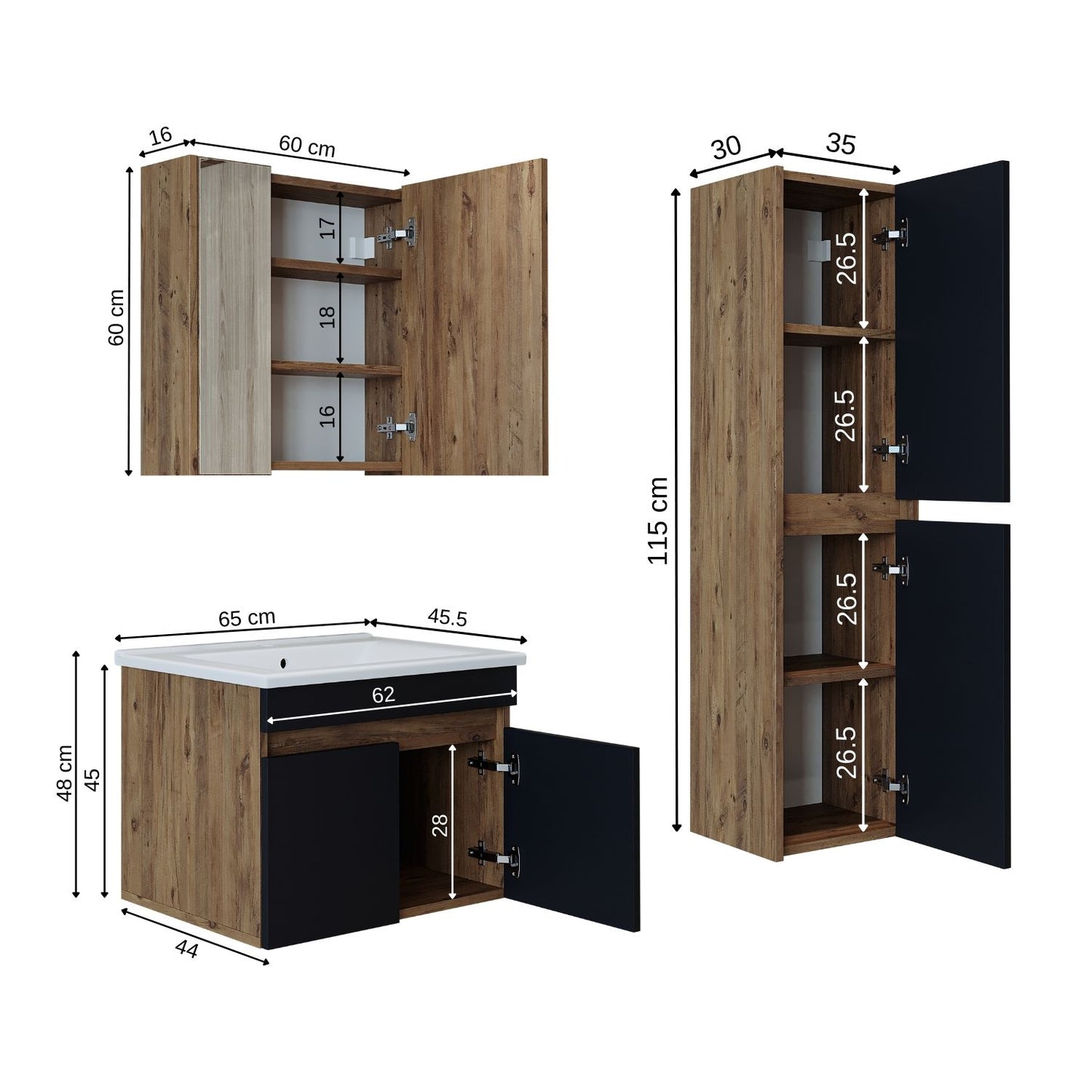 Roomart Ensemble de meubles de salle de bain ATRIA 65 cm Armoire basse avec lavabo Armoire haute - miroir salle de bain, armoire miroir salle de bain largeur 60 cm, armoire miroir salle de bain, armoire miroir avec éclairage, armoire miroir largeur 80 cm, armoires miroir pour salle de bain, miroir