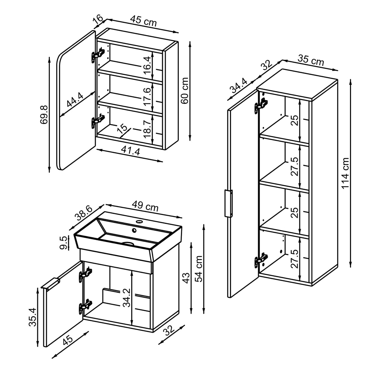Maßzeichnung Badmöbel-Set LYCIA, Unterschrank ca. 49 x 54 x 38,6 cm