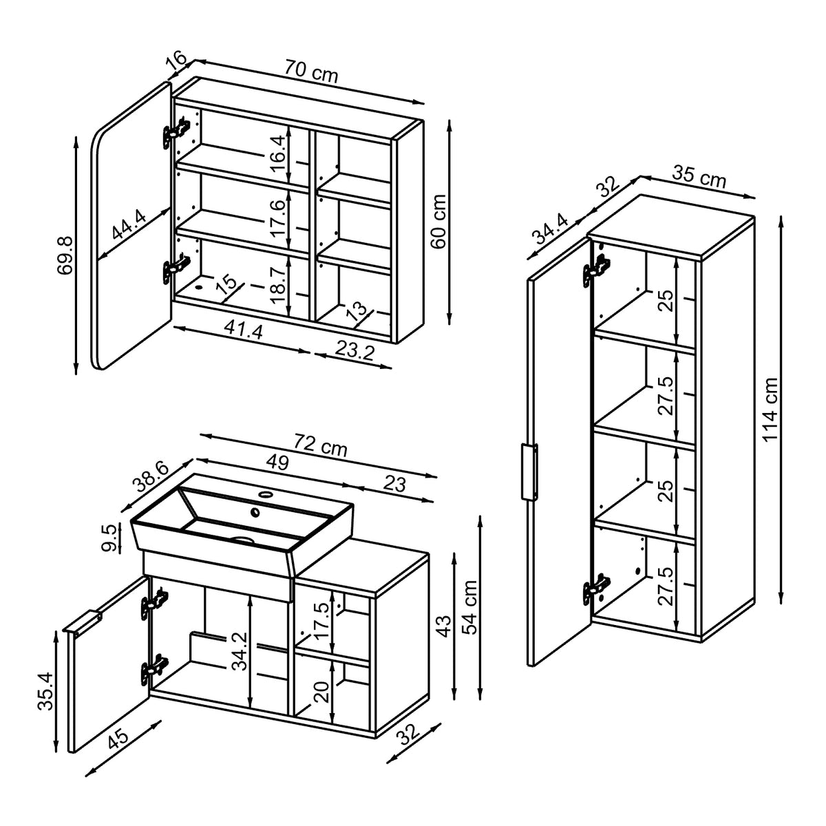 Roomart Badmöbel-Set LYCIA 72 cm, 4-teilig mit Spiegelschrank und Hochschrank, in 4 Farben