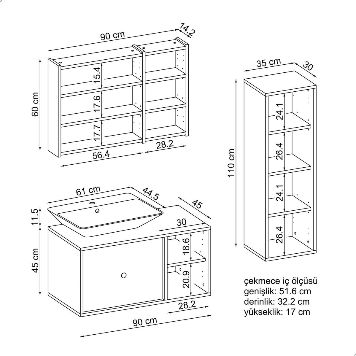 Roomart Badezimmermöbel Set GUSTO-ATL 90 cm - badezimmerschrank, waschbecken, badezimmermöbel, badschrank, badezimmer, mit, unterschrank, badmöbel, set, waschtisch, möbel, badezimmermãbel, bad, badezimmerschränke