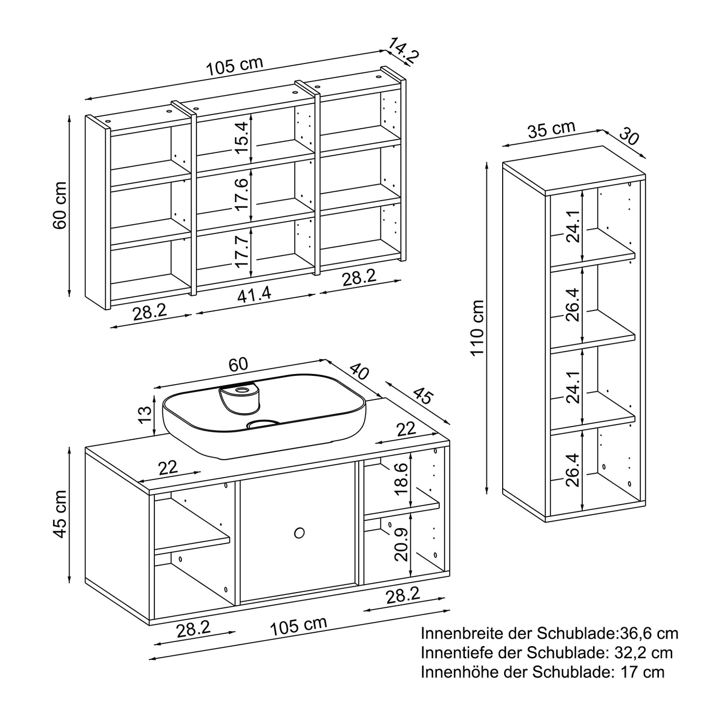 Roomart Badmöbel-Set GUSTO 105 cm, 4-teilig mit Keramik-Waschbecken und Spiegelschrank in 2 Farben
