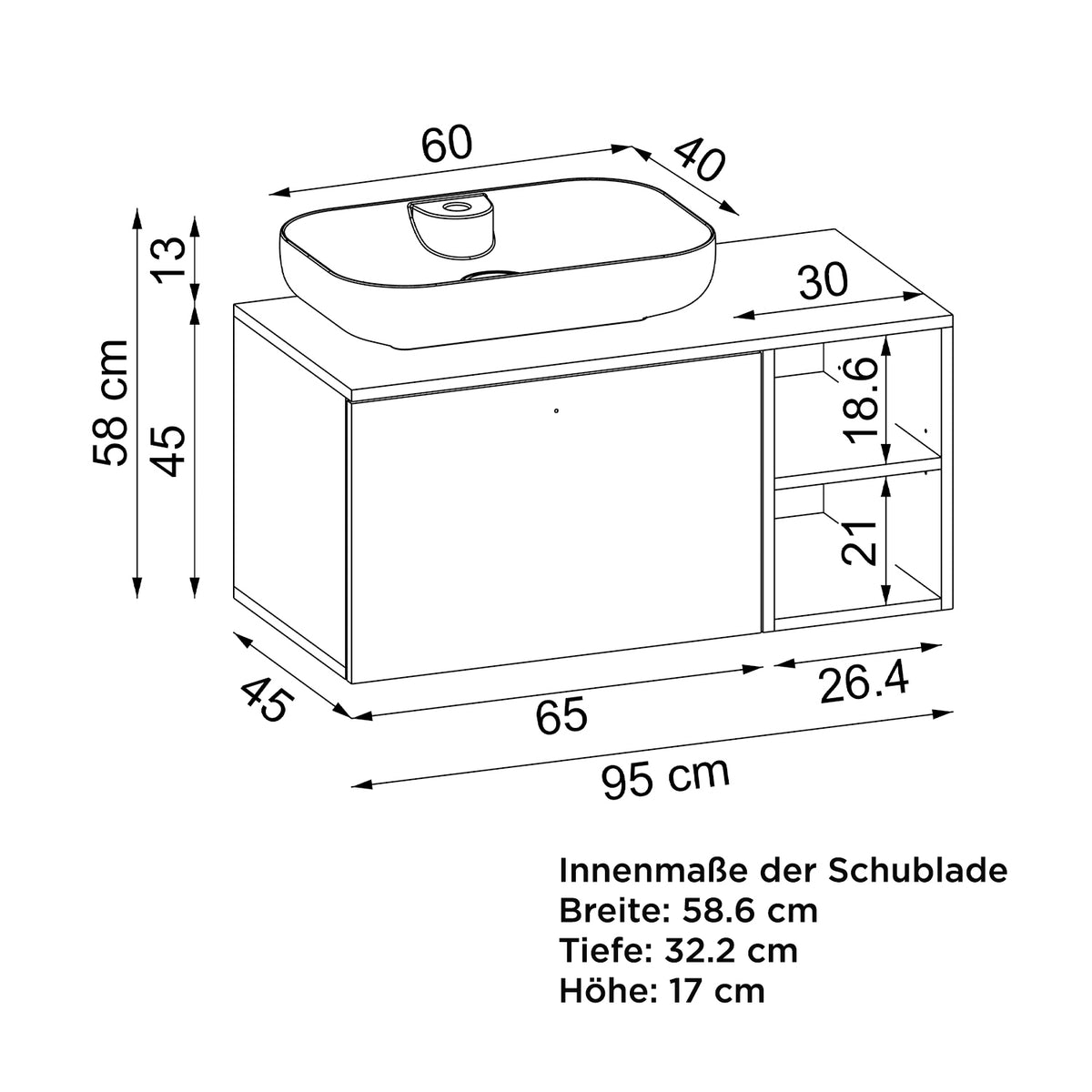Roomart Badezimmermöbel LOTUS II- 95 cm – Keramik Waschbecken &/oder Unterschrank – Modernes Design – Varianten wählbar – Weiß-Eiche, Eiche oder Anthrazit-Eiche - badezimmerschrank, waschbecken, badezimmermöbel, badschrank, badezimmer, mit, unterschrank,