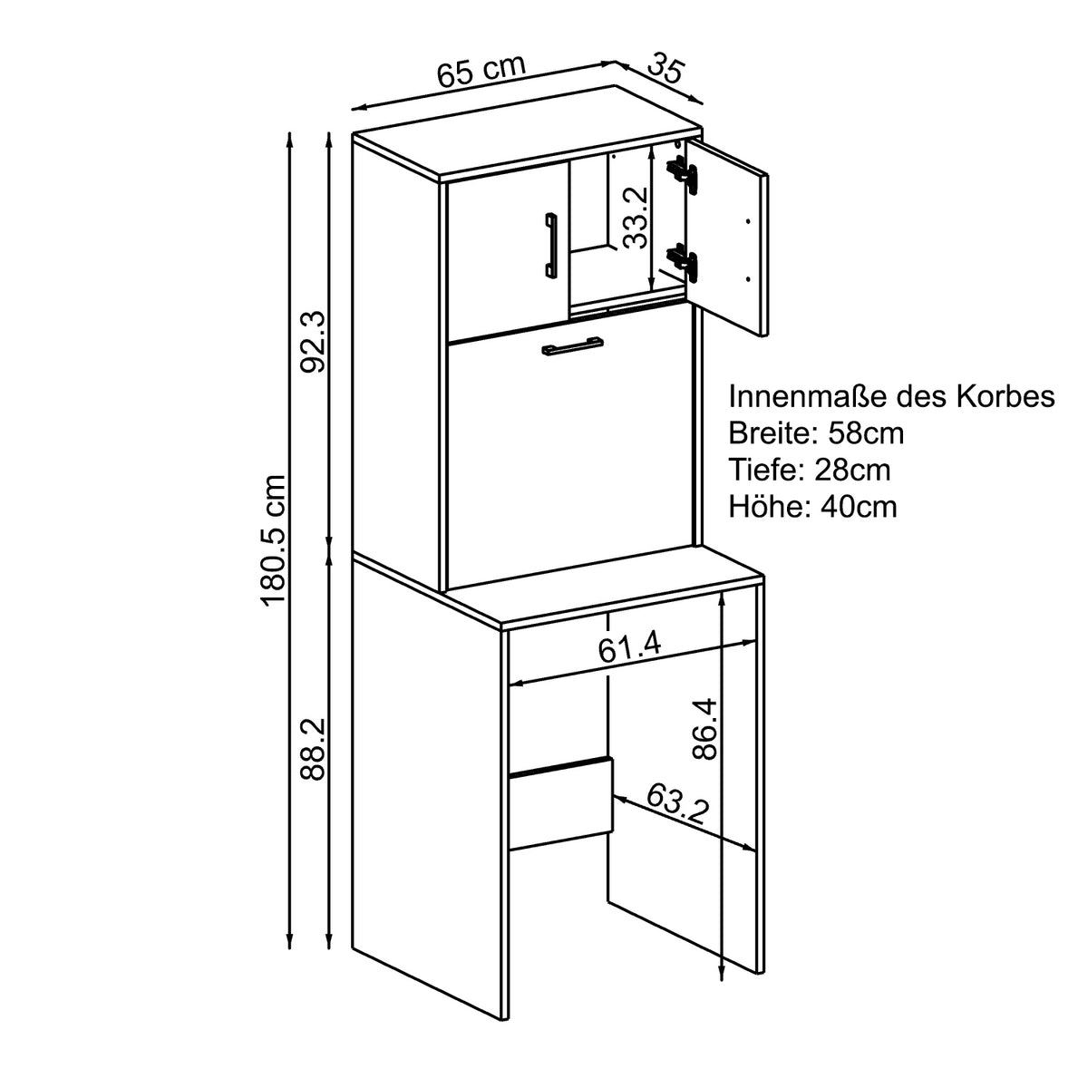 Roomart, washing machine cabinet LUNA, washing machine superstructure with laundry basket, WDH: 65 X 181 X 65 cm, in white, oak, anthracite oak, oak - washing machine cabinet, washing machine shelf, washing tower, cabinet, white, washing machines, base cabinet, washing machine, t