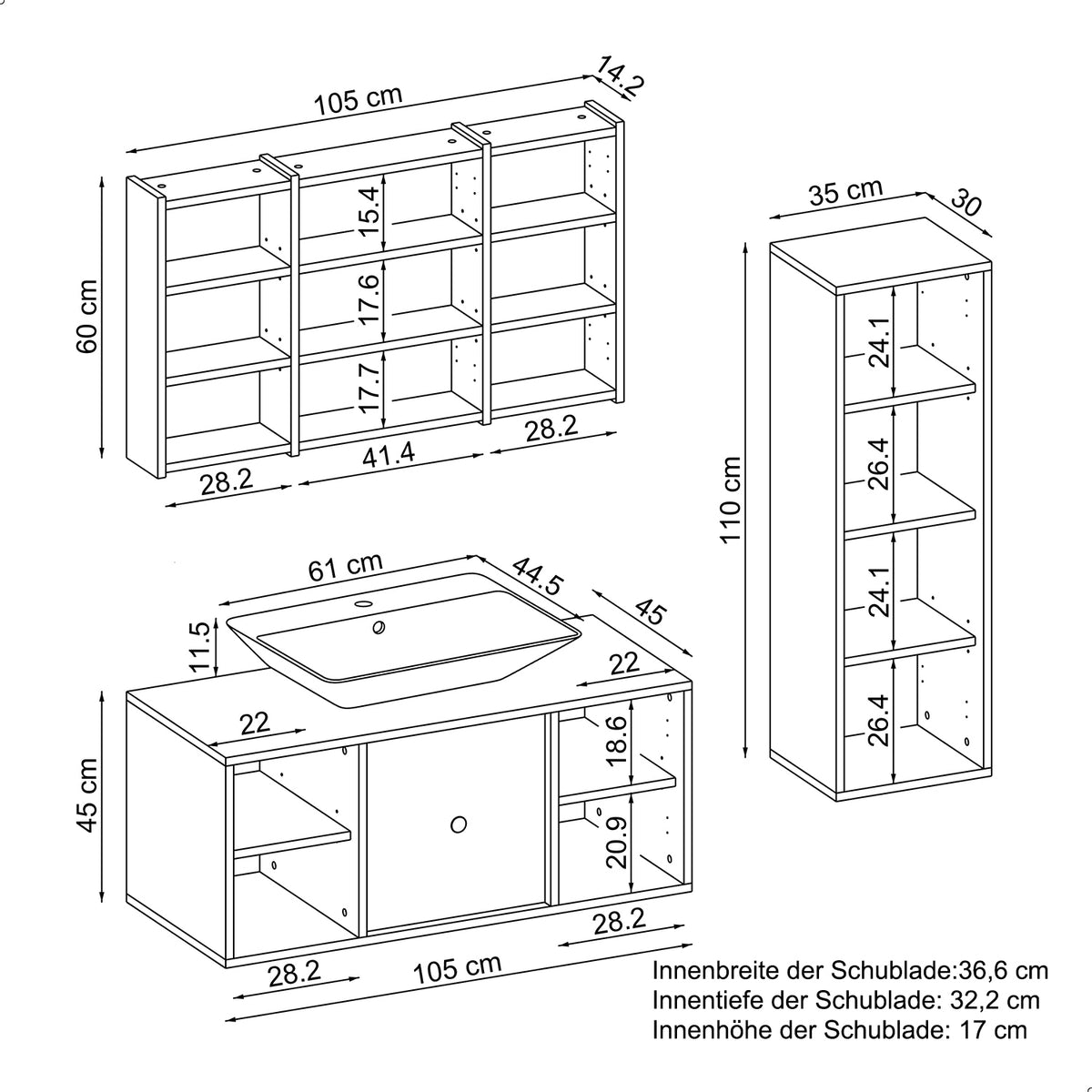 Maßzeichnung Badmöbel-Set GUSTO, Unterschrank ca. 105 x 56,5 x 45 cm