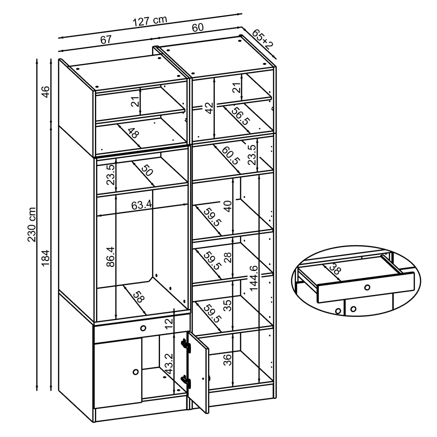Maßzeichnung Waschmaschinenschrank SERIE 1, ca. 127 x 230 x 67 cm
