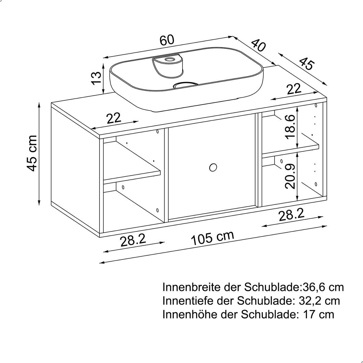 Roomart Badmöbel-Set GUSTO 105 cm, 4-teilig mit Keramik-Waschbecken und Spiegelschrank in 2 Farben