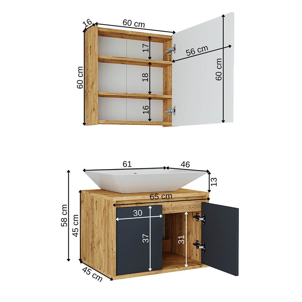 Roomart Badmöbel Set ATLANTIC 3 Teilig 65 cm Unterschrank mit Keramikwaschbecken • Spiegelschrank