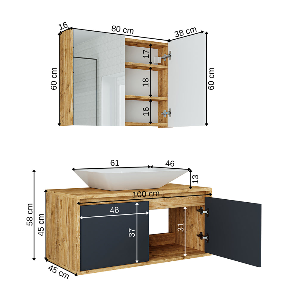 Roomart • Badmöbel Set • ATLANTIC • 3 Teilig • 100 cm Unterschrank mit Keramikwaschbecken • 80 cm Spiegelschrank