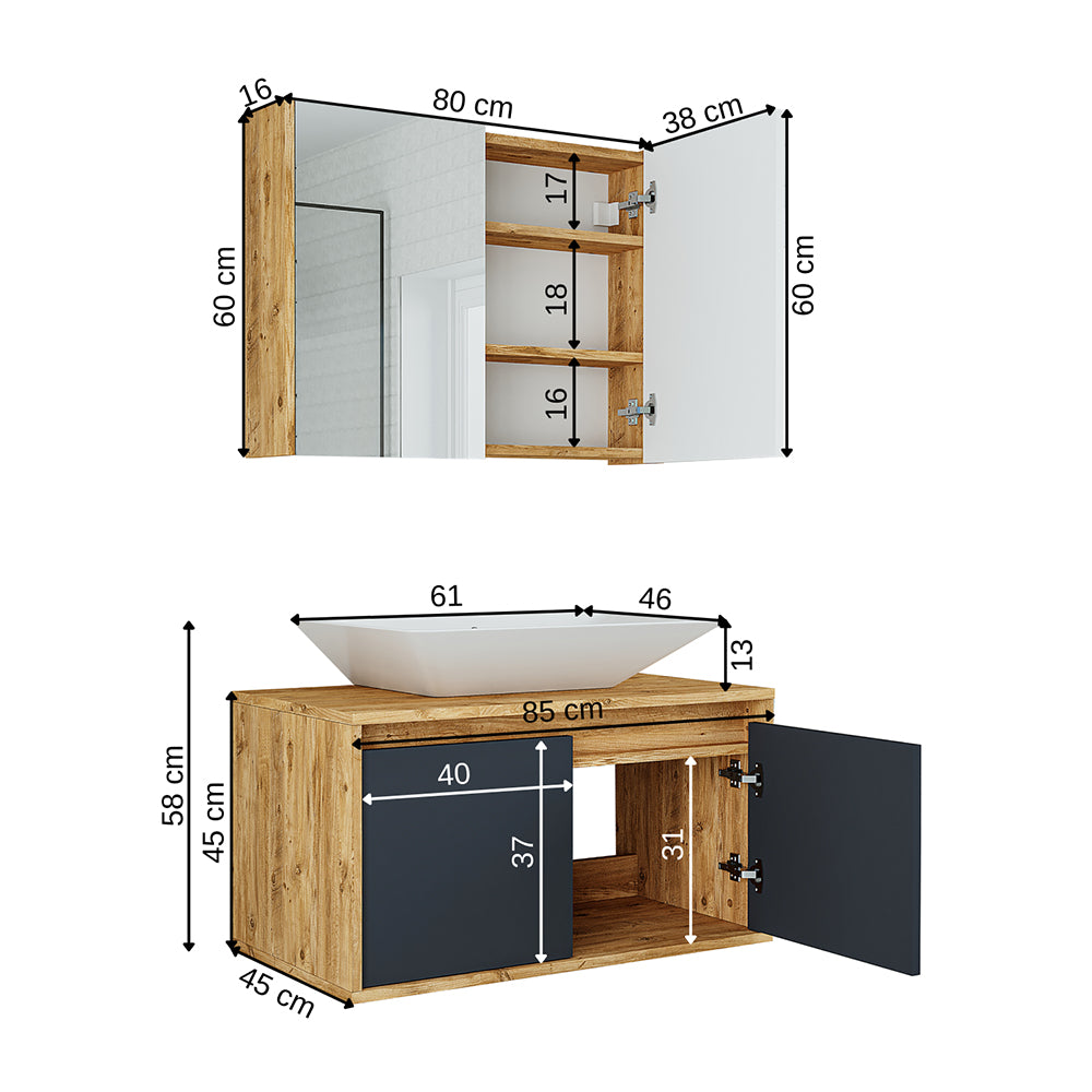 Roomart • Badmöbel Set • ATLANTIC • 3 Teilig • 85 cm Unterschrank mit Keramikwaschbecken • Spiegelschrank