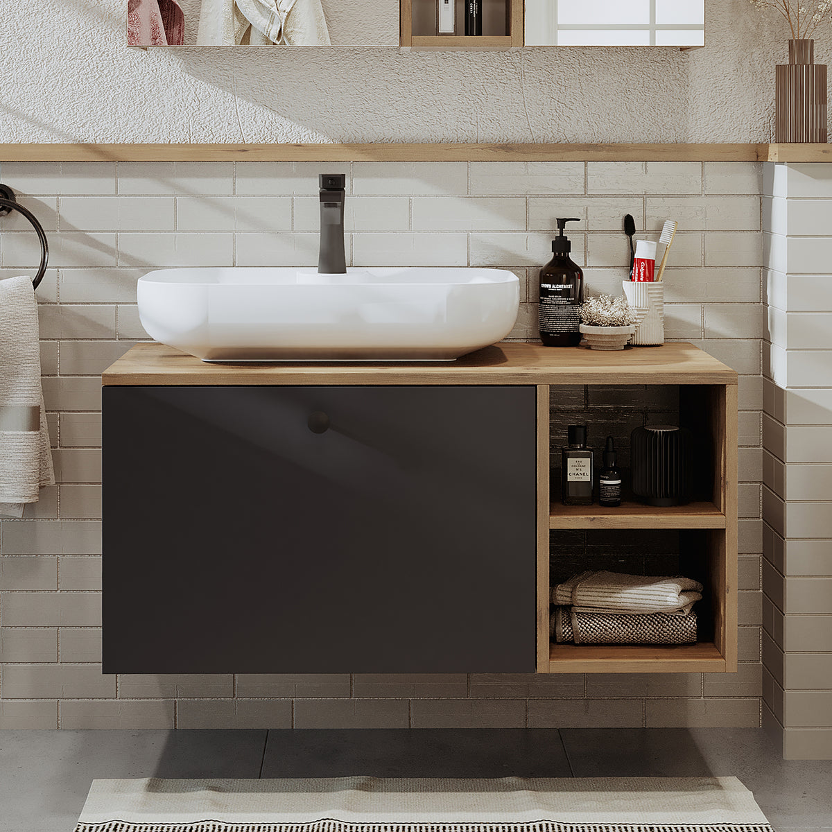 Roomart bathroom furniture set LOTUS 95 cm 4 pieces with ceramic washbasin - bathroom cabinet, washbasin, bathroom furniture, bathroom cabinet, bathroom, with, vanity unit, bathroom furniture, set, washbasin, furniture, bathroom furniture, bathroom, bathroom cabinets, narrow, narrow