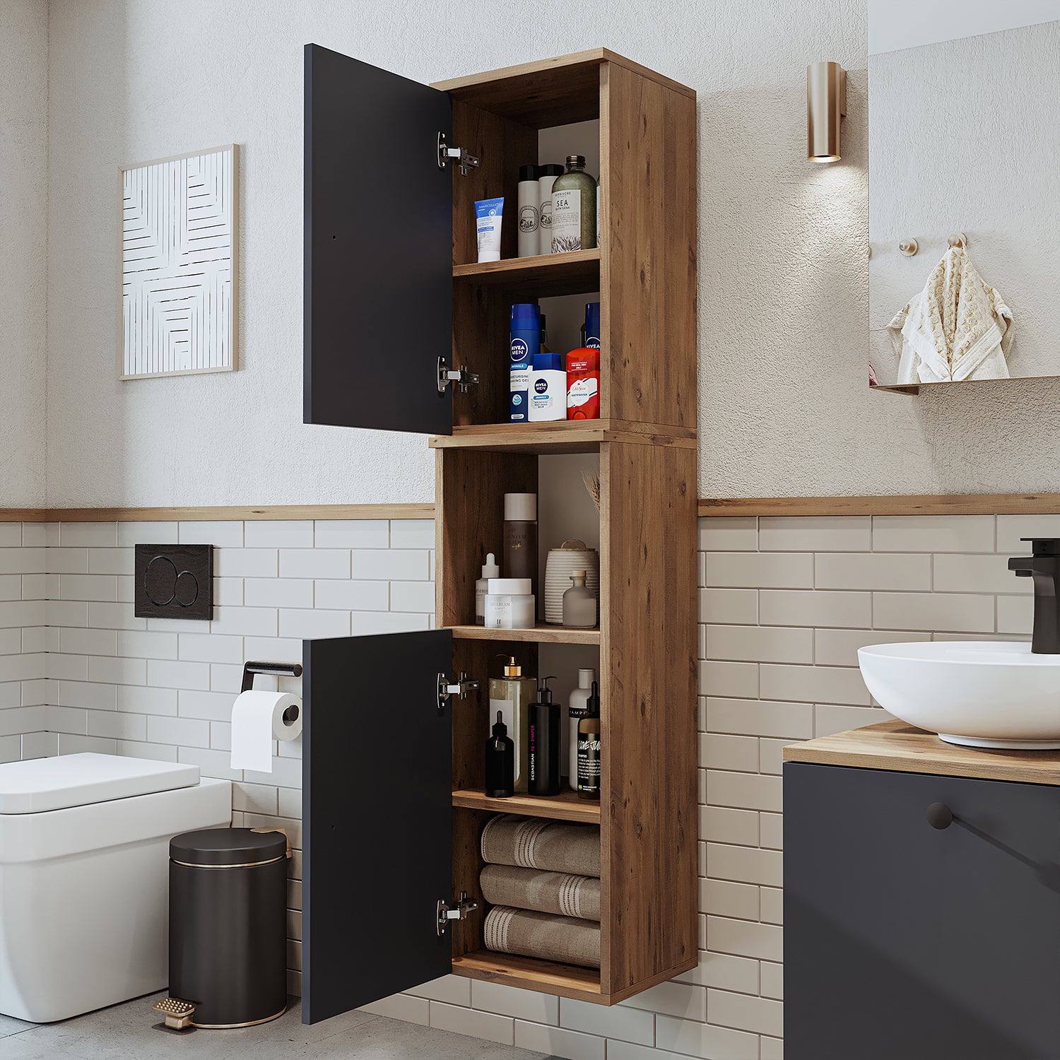 Roomart, Badezimmer Waschmaschinenschrank ATRIA, Waschmaschinenunterschrank, BHT: 70x 90 x 69 cm, in Weiß-Eiche, Eiche, Anthrazit Eiche, Weiß waschmaschinenschrank, waschmaschinenregal, waschturm, schrank, weiß, waschmaschinen, unterschrank, waschmaschine