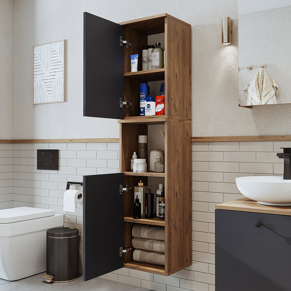 Roomart Badezimmermöbel Set LOTUS 95 cm 4 Teilig mit Keramik Waschbecken - badezimmerschrank, waschbecken, badezimmermöbel, badschrank, badezimmer, mit, unterschrank, badmöbel, set, waschtisch, möbel, badezimmermãbel, bad, badezimmerschränke, schmal, schm