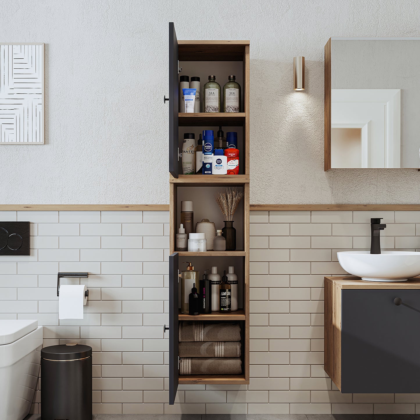 Roomart, Badezimmer Waschmaschinenschrank ATRIA, Waschmaschinenunterschrank, BHT: 70x 90 x 69 cm, in Weiß-Eiche, Eiche, Anthrazit Eiche, Weiß waschmaschinenschrank, waschmaschinenregal, waschturm, schrank, weiß, waschmaschinen, unterschrank, waschmaschine