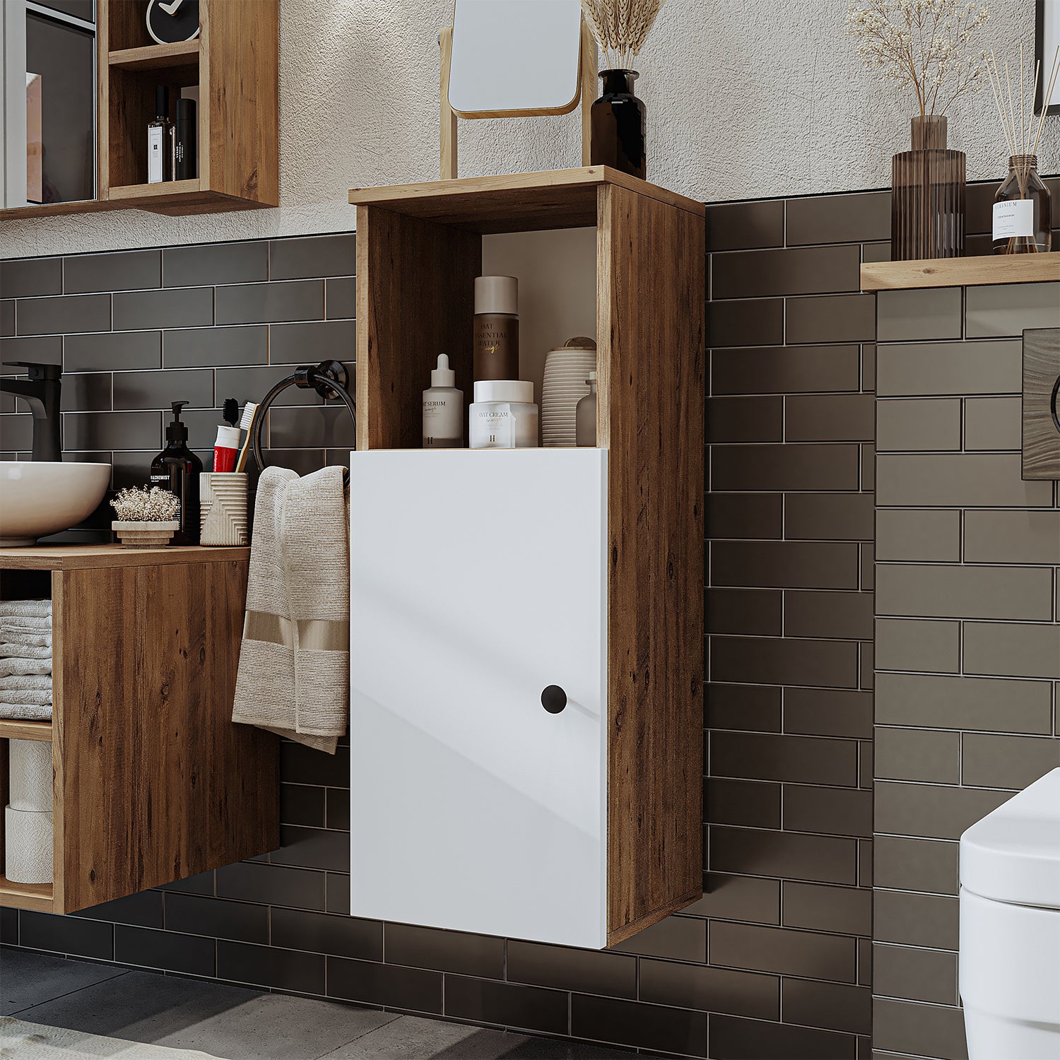 Roomart, Badezimmer Waschmaschinenschrank ATRIA, Waschmaschinenunterschrank, BHT: 70x 90 x 69 cm, in Weiß-Eiche, Eiche, Anthrazit Eiche, Weiß waschmaschinenschrank, waschmaschinenregal, waschturm, schrank, weiß, waschmaschinen, unterschrank, waschmaschine