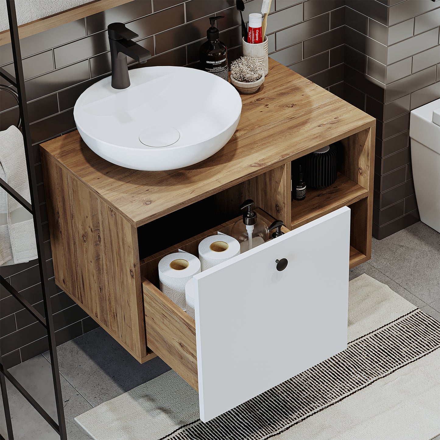 Roomart Badezimmermöbel Set LOTUS 75 cm 4 Teilig mit Keramik Waschbecken - badezimmerschrank, waschbecken, badezimmermöbel, badschrank, badezimmer, mit, unterschrank, badmöbel, set, waschtisch, möbel, badezimmermãbel, bad, badezimmerschränke, schmal, schm