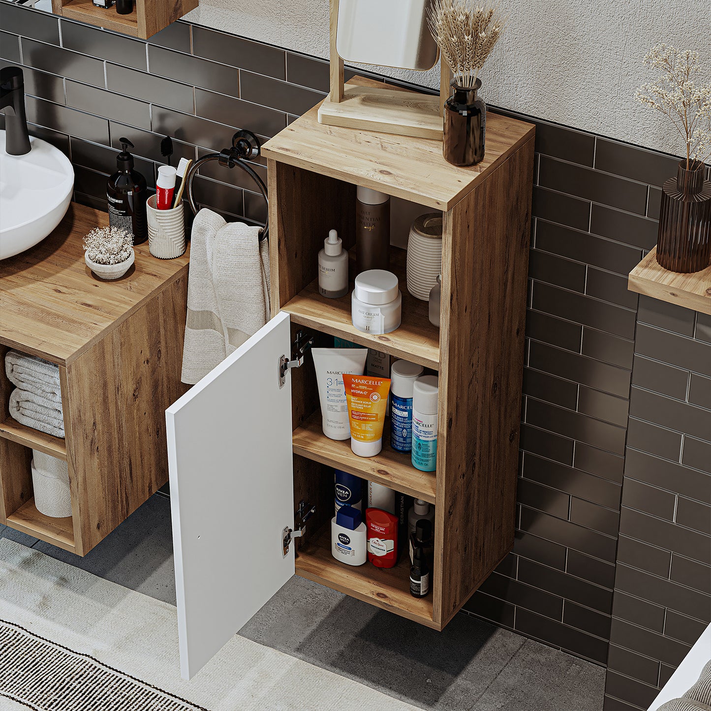 Roomart, Badezimmer Waschmaschinenschrank ATRIA, Waschmaschinenunterschrank, BHT: 70x 90 x 69 cm, in Weiß-Eiche, Eiche, Anthrazit Eiche, Weiß waschmaschinenschrank, waschmaschinenregal, waschturm, schrank, weiß, waschmaschinen, unterschrank, waschmaschine