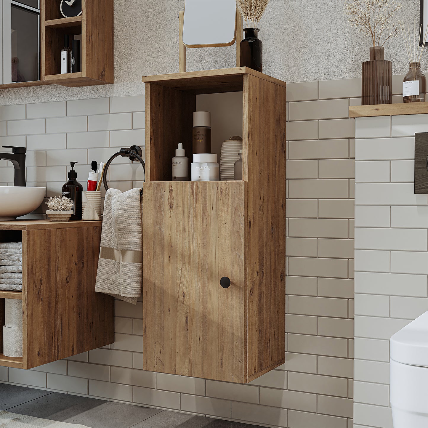 Roomart, Badezimmer Waschmaschinenschrank ATRIA, Waschmaschinenunterschrank, BHT: 70x 90 x 69 cm, in Weiß-Eiche, Eiche, Anthrazit Eiche, Weiß waschmaschinenschrank, waschmaschinenregal, waschturm, schrank, weiß, waschmaschinen, unterschrank, waschmaschine