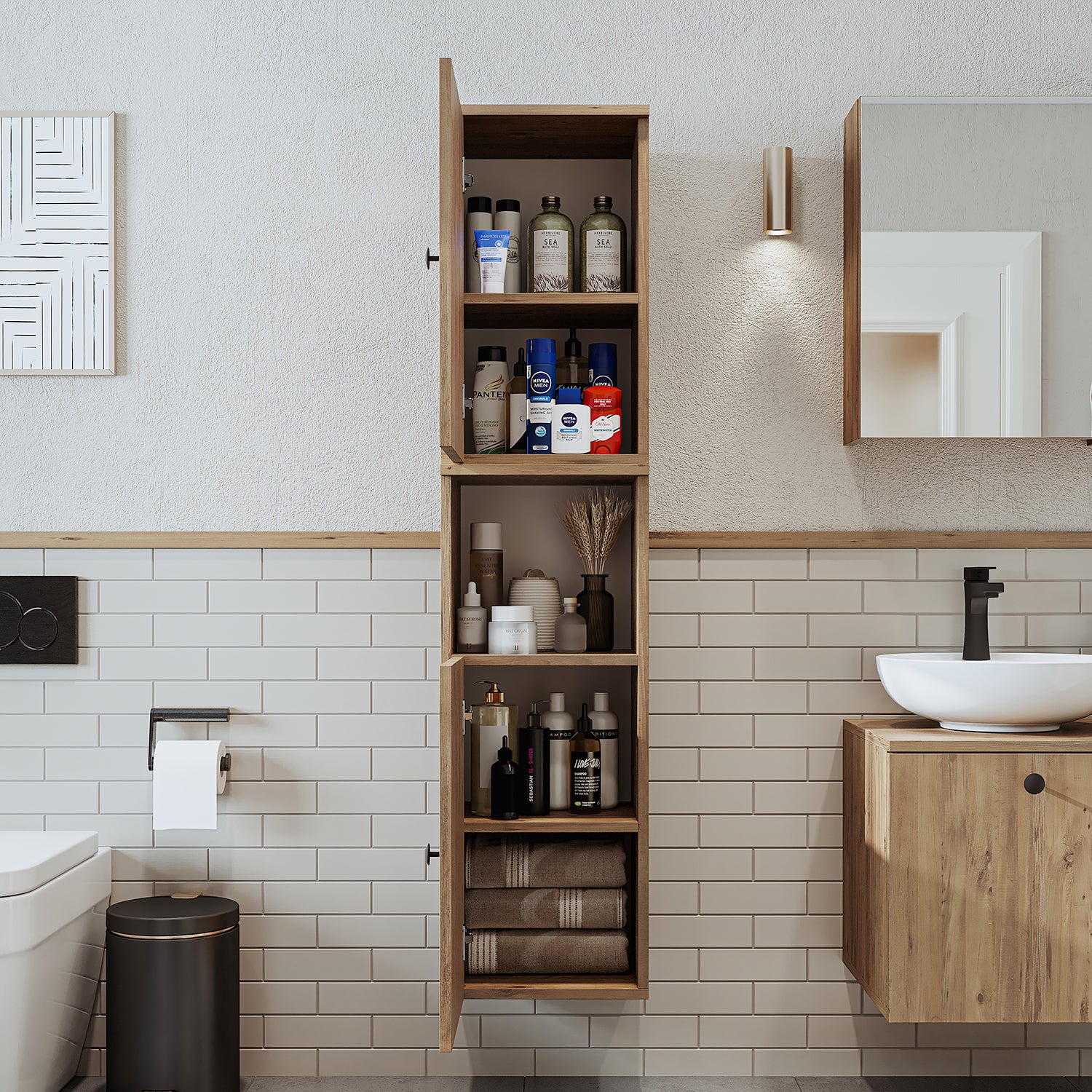 Roomart, Badezimmer Waschmaschinenschrank ATRIA, Waschmaschinenunterschrank, BHT: 70x 90 x 69 cm, in Weiß-Eiche, Eiche, Anthrazit Eiche, Weiß waschmaschinenschrank, waschmaschinenregal, waschturm, schrank, weiß, waschmaschinen, unterschrank, waschmaschine