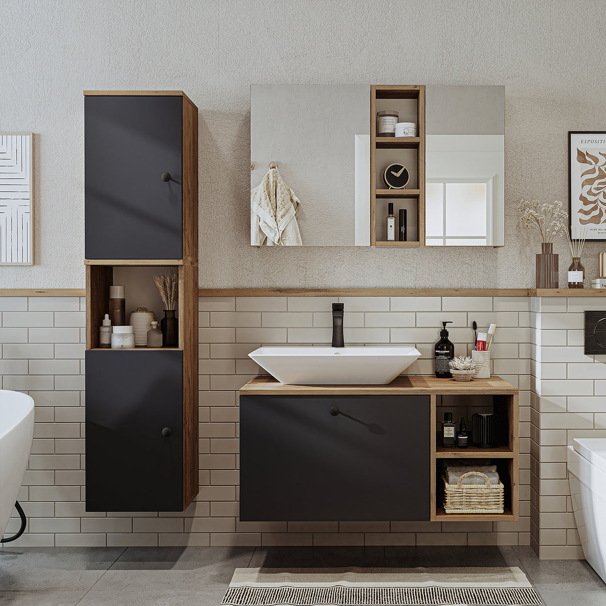 Roomart Badezimmermöbel Set LOTUS 95 cm 4 Teilig mit Keramik Waschbecken - badezimmerschrank, waschbecken, badezimmermöbel, badschrank, badezimmer, mit, unterschrank, badmöbel, set, waschtisch, möbel, badezimmermãbel, bad, badezimmerschränke, schmal, schm