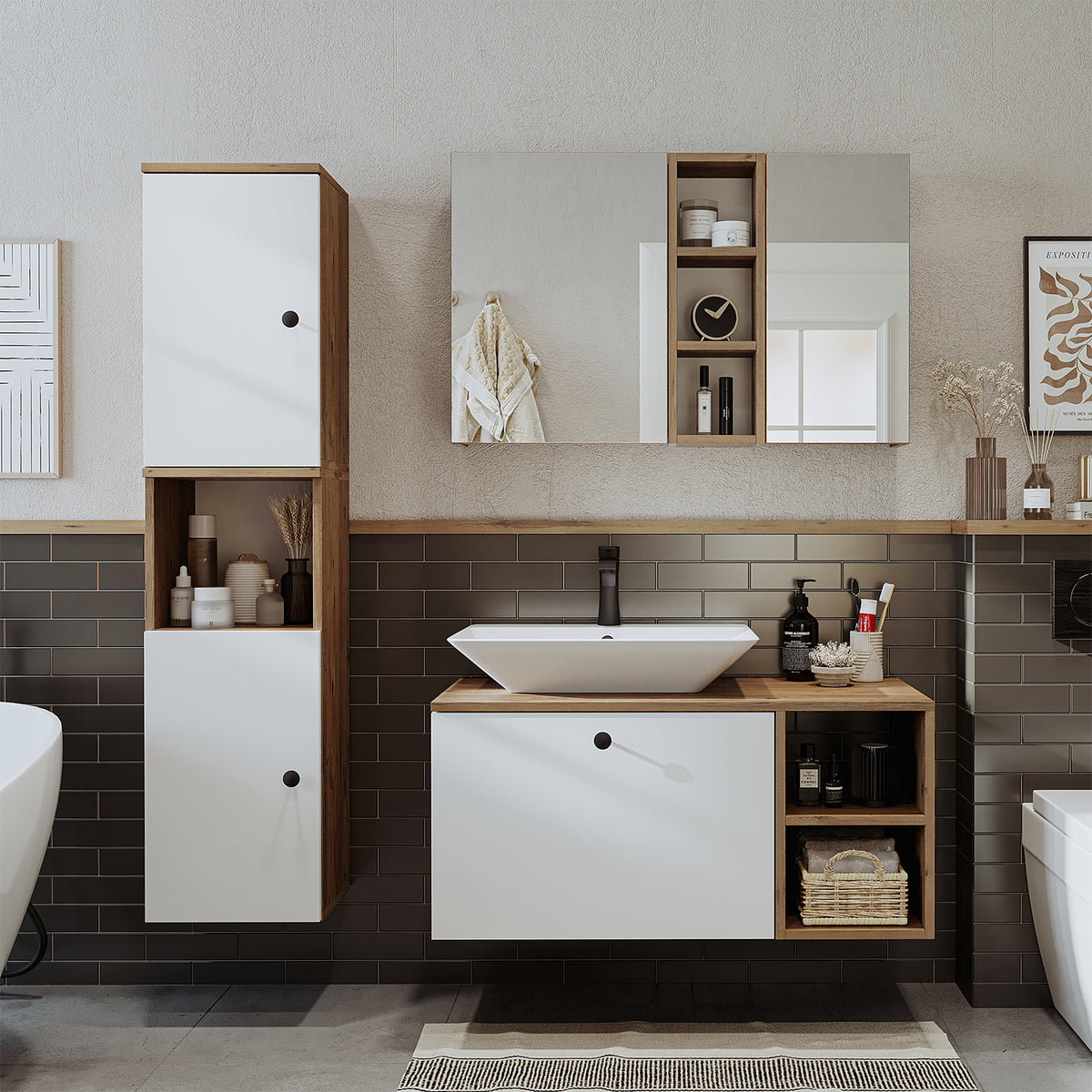 Roomart Badezimmermöbel Set LOTUS 95 cm 4 Teilig mit Keramik Waschbecken - badezimmerschrank, waschbecken, badezimmermöbel, badschrank, badezimmer, mit, unterschrank, badmöbel, set, waschtisch, möbel, badezimmermãbel, bad, badezimmerschränke, schmal, schm