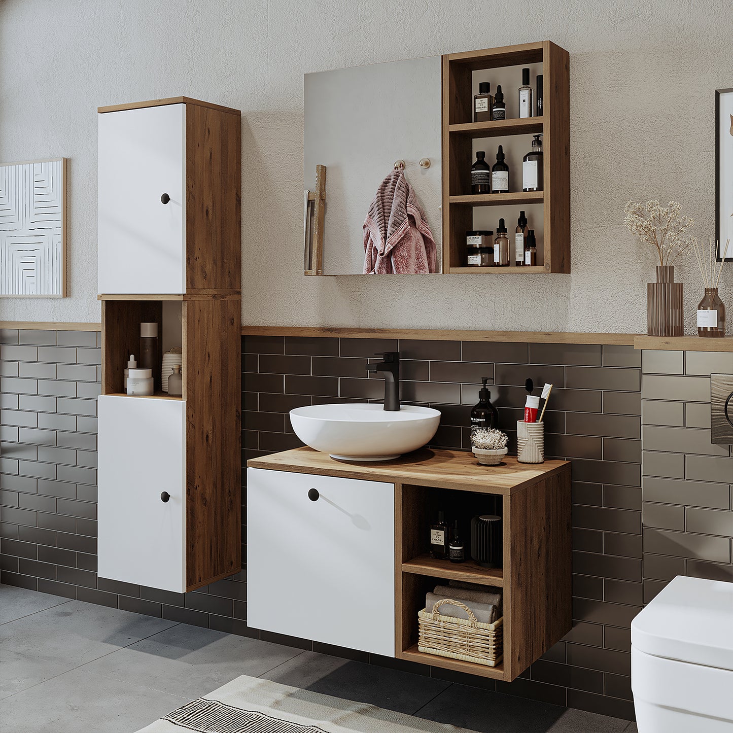 Roomart Badezimmermöbel Set LOTUS 75 cm 4 Teilig mit Keramik Waschbecken - badezimmerschrank, waschbecken, badezimmermöbel, badschrank, badezimmer, mit, unterschrank, badmöbel, set, waschtisch, möbel, badezimmermãbel, bad, badezimmerschränke, schmal, schm