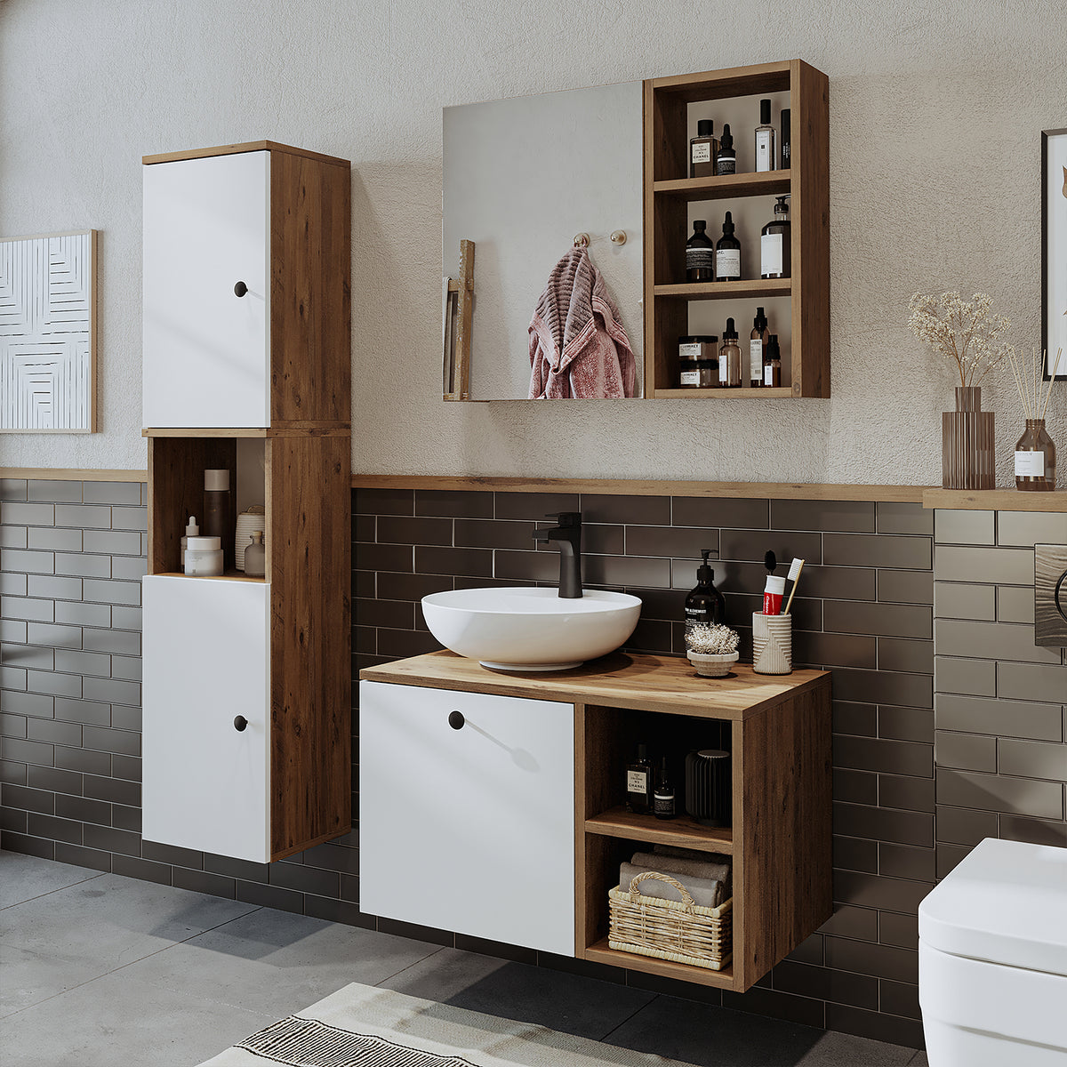 Roomart Badezimmermöbel Set LOTUS 75 cm 4 Teilig mit Keramik Waschbecken - badezimmerschrank, waschbecken, badezimmermöbel, badschrank, badezimmer, mit, unterschrank, badmöbel, set, waschtisch, möbel, badezimmermãbel, bad, badezimmerschränke, schmal, schm
