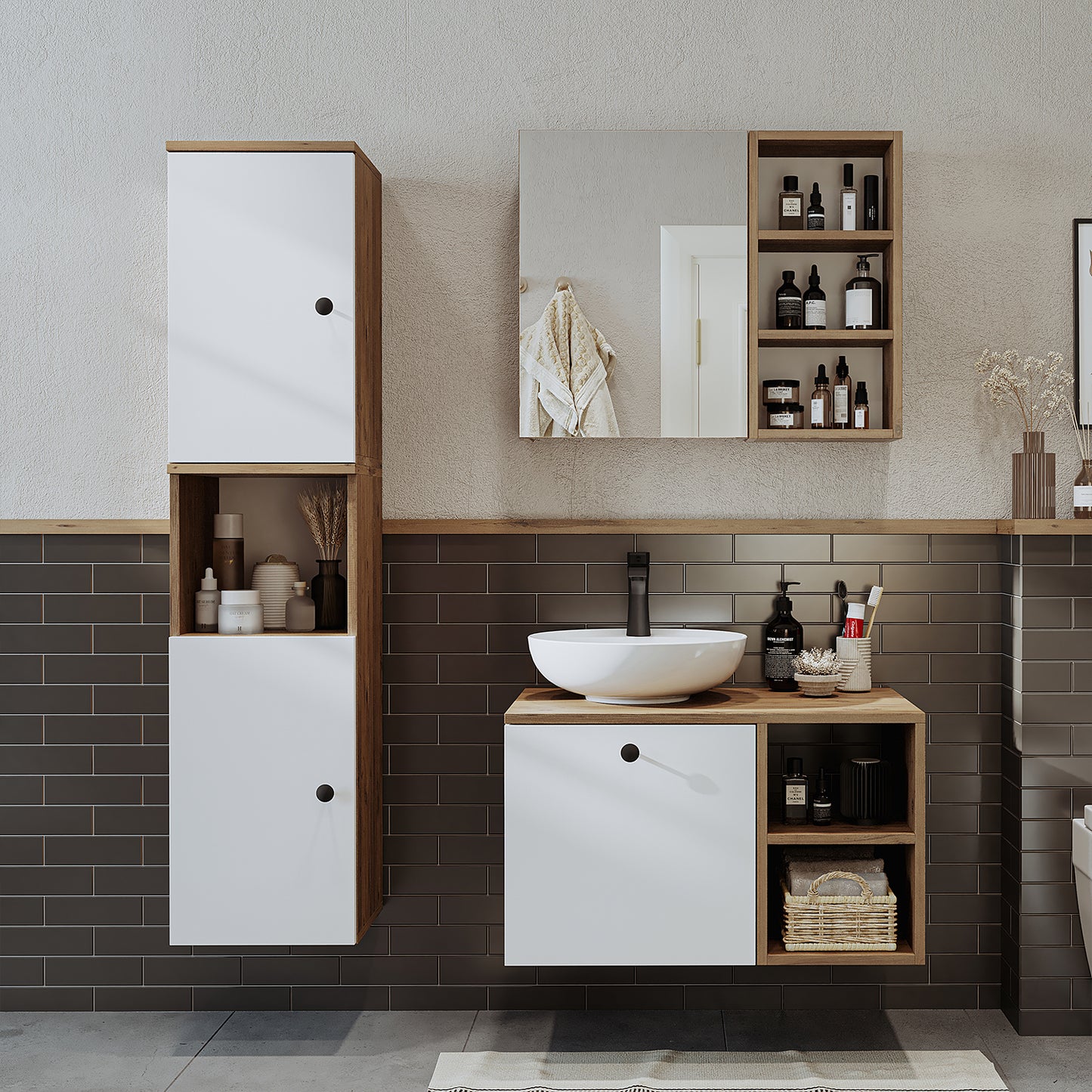 Roomart Badezimmermöbel Set LOTUS 75 cm 4 Teilig mit Keramik Waschbecken - badezimmerschrank, waschbecken, badezimmermöbel, badschrank, badezimmer, mit, unterschrank, badmöbel, set, waschtisch, möbel, badezimmermãbel, bad, badezimmerschränke, schmal, schm