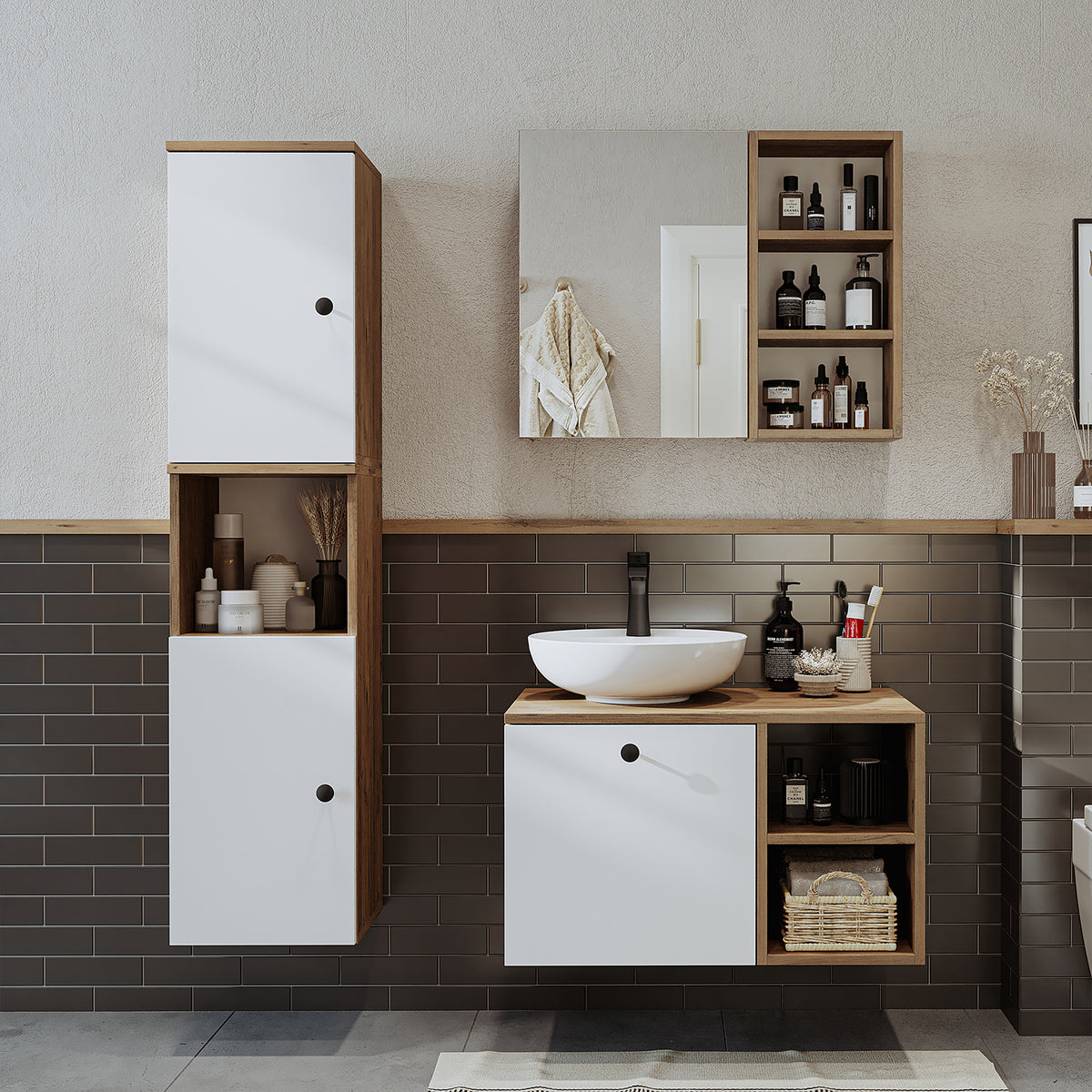 Roomart Badezimmermöbel Set LOTUS 75 cm 4 Teilig mit Keramik Waschbecken - badezimmerschrank, waschbecken, badezimmermöbel, badschrank, badezimmer, mit, unterschrank, badmöbel, set, waschtisch, möbel, badezimmermãbel, bad, badezimmerschränke, schmal, schm