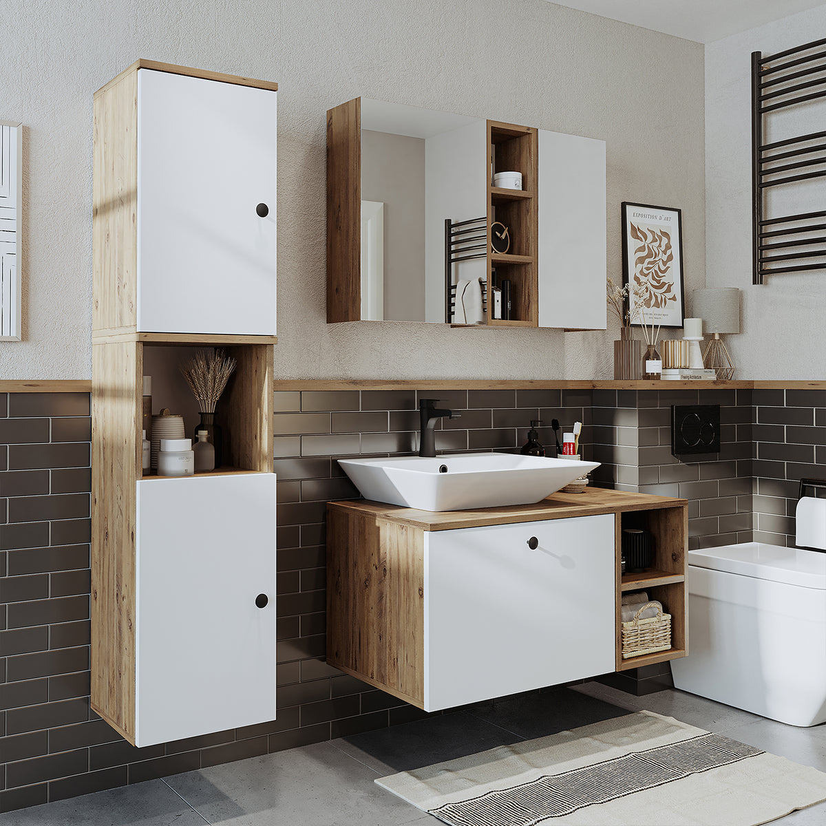 Roomart Badezimmermöbel Set LOTUS 95 cm 4 Teilig mit Keramik Waschbecken - badezimmerschrank, waschbecken, badezimmermöbel, badschrank, badezimmer, mit, unterschrank, badmöbel, set, waschtisch, möbel, badezimmermãbel, bad, badezimmerschränke, schmal, schm