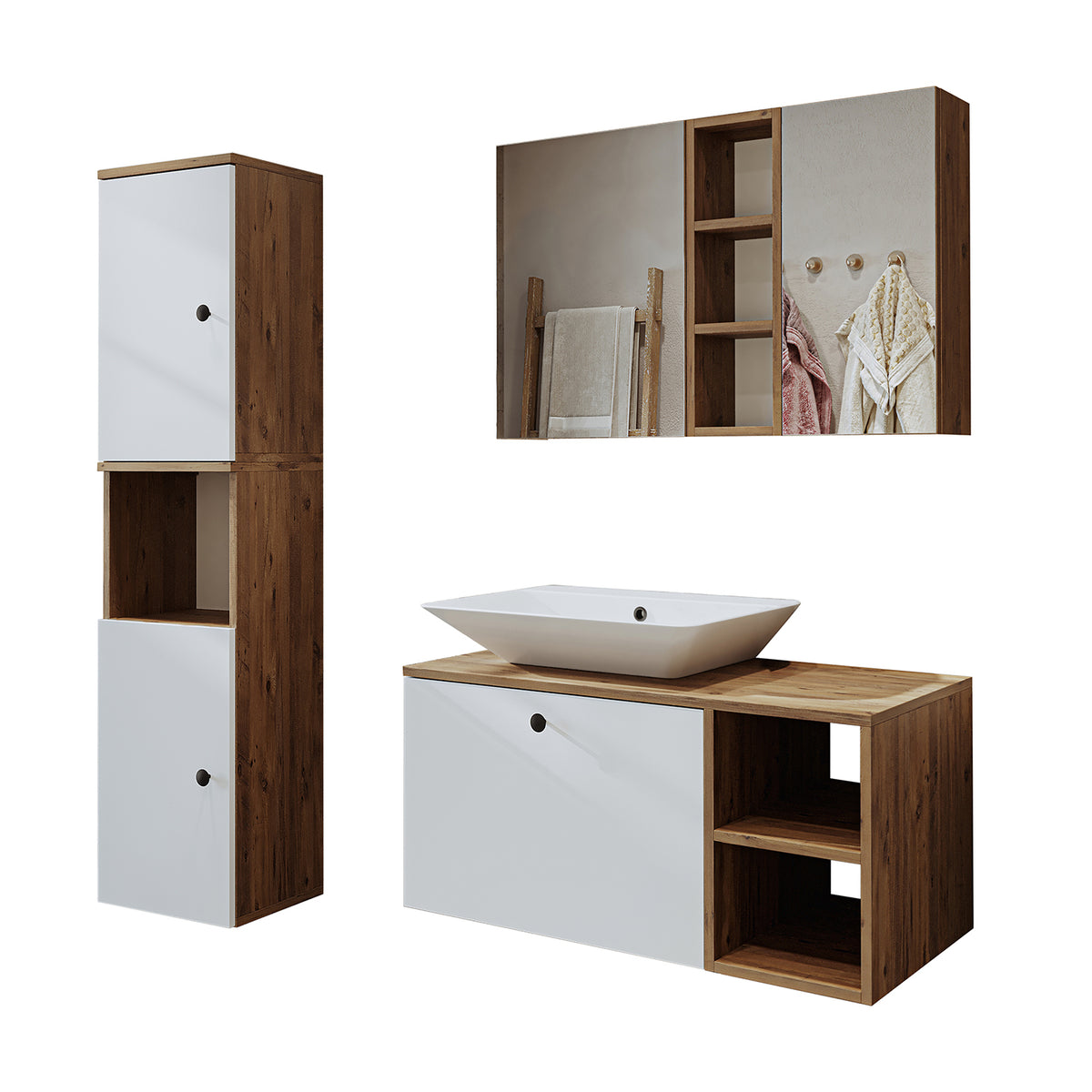 Roomart Badezimmermöbel Set LOTUS 95 cm 4 Teilig mit Keramik Waschbecken - badezimmerschrank, waschbecken, badezimmermöbel, badschrank, badezimmer, mit, unterschrank, badmöbel, set, waschtisch, möbel, badezimmermãbel, bad, badezimmerschränke, schmal, schm
