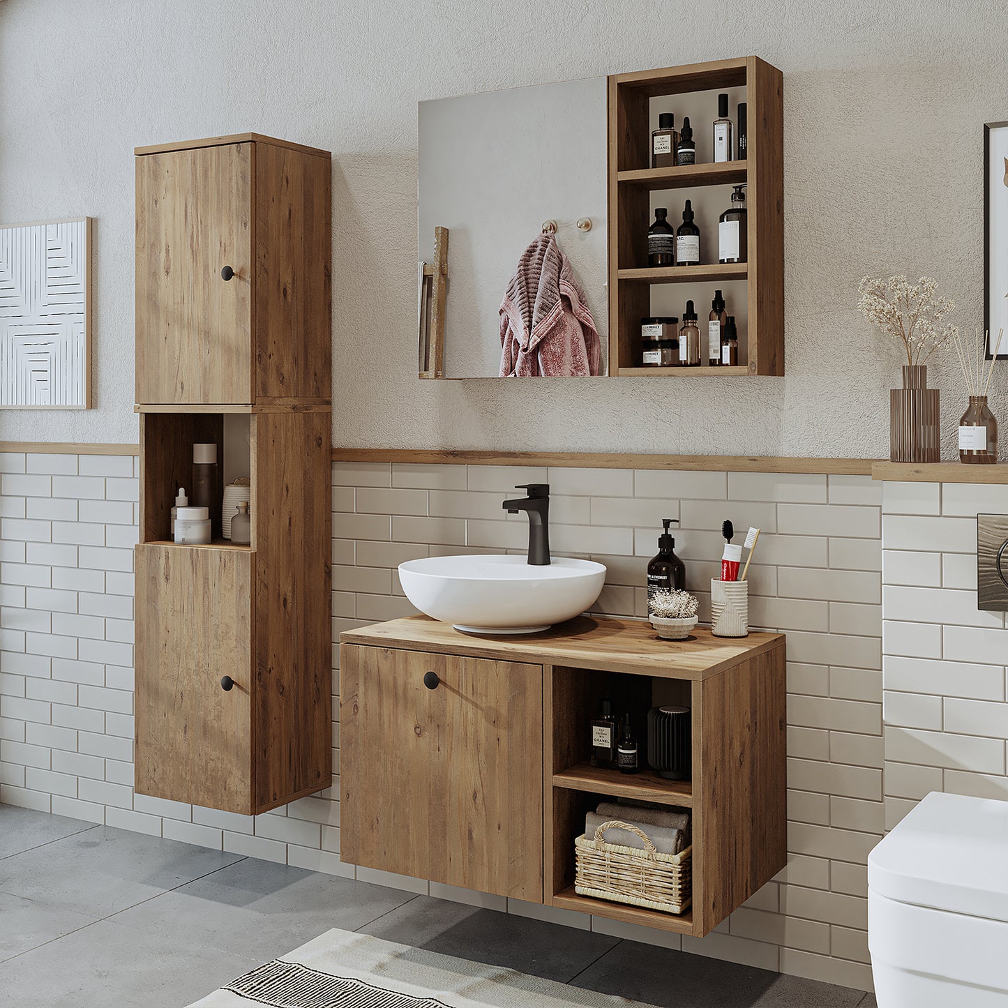 Roomart Badezimmermöbel Set LOTUS 75 cm 4 Teilig mit Keramik Waschbecken - badezimmerschrank, waschbecken, badezimmermöbel, badschrank, badezimmer, mit, unterschrank, badmöbel, set, waschtisch, möbel, badezimmermãbel, bad, badezimmerschränke, schmal, schm