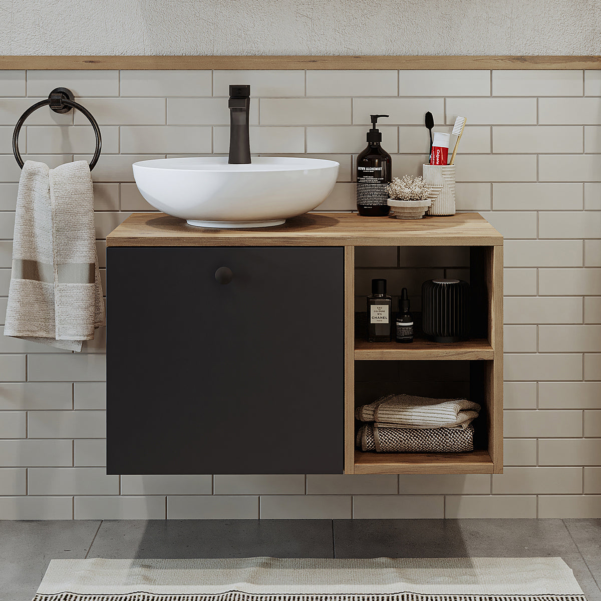 Roomart Badezimmermöbel LOTUS 75 cm – Keramik Waschbecken &/oder Unterschrank – Modernes Design – Varianten wählbar – Weiß-Eiche, Eiche oder Anthrazit-Eiche - badezimmerschrank, waschbecken, badezimmermöbel, badschrank, badezimmer, mit, unterschrank, badm