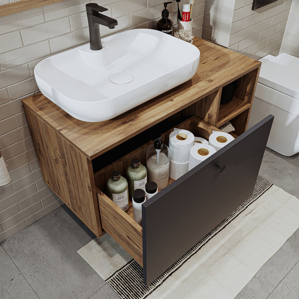 Roomart Badezimmermöbel LOTUS II- 95 cm – Keramik Waschbecken &/oder Unterschrank – Modernes Design – Varianten wählbar – Weiß-Eiche, Eiche oder Anthrazit-Eiche - badezimmerschrank, waschbecken, badezimmermöbel, badschrank, badezimmer, mit, unterschrank,
