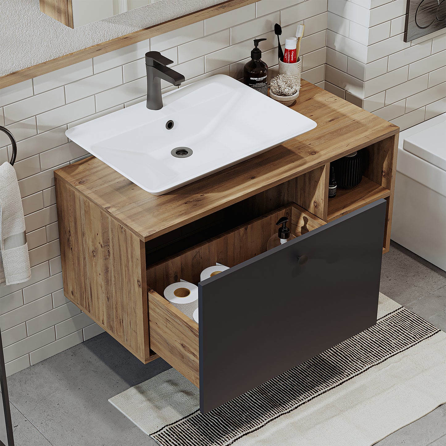 Roomart Badezimmermöbel LOTUS I - 95 cm – Keramik Waschbecken &/oder Unterschrank – Modernes Design – Varianten wählbar – Weiß-Eiche, Eiche oder Anthrazit-Eiche