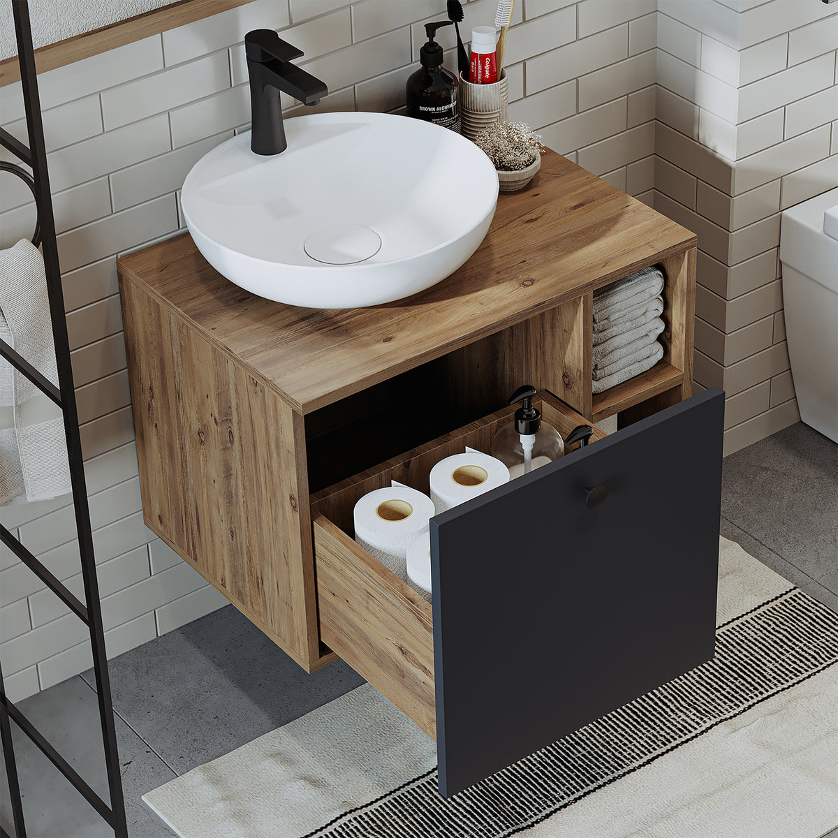 Roomart Badezimmermöbel LOTUS 65 cm – Keramik Waschbecken &/oder Unterschrank – Modernes Design – Varianten wählbar – Weiß-Eiche, Eiche oder Anthrazit-Eiche - badezimmerschrank, waschbecken, badezimmermöbel, badschrank, badezimmer, mit, unterschrank, badm
