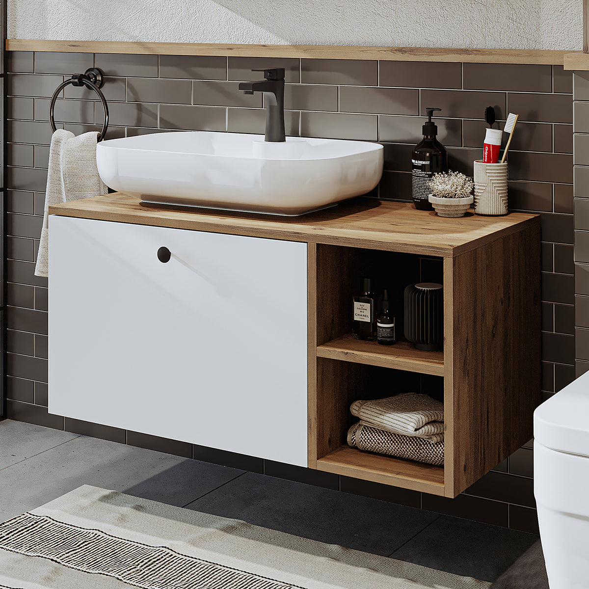 Roomart Badezimmermöbel LOTUS II- 95 cm – Keramik Waschbecken &/oder Unterschrank – Modernes Design – Varianten wählbar – Weiß-Eiche, Eiche oder Anthrazit-Eiche - badezimmerschrank, waschbecken, badezimmermöbel, badschrank, badezimmer, mit, unterschrank,
