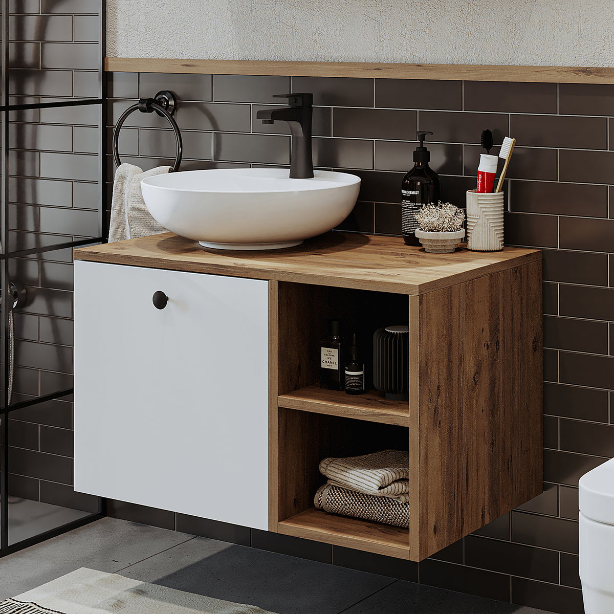 Roomart Badezimmermöbel LOTUS 75 cm – Keramik Waschbecken &/oder Unterschrank – Modernes Design – Varianten wählbar – Weiß-Eiche, Eiche oder Anthrazit-Eiche - badezimmerschrank, waschbecken, badezimmermöbel, badschrank, badezimmer, mit, unterschrank, badm