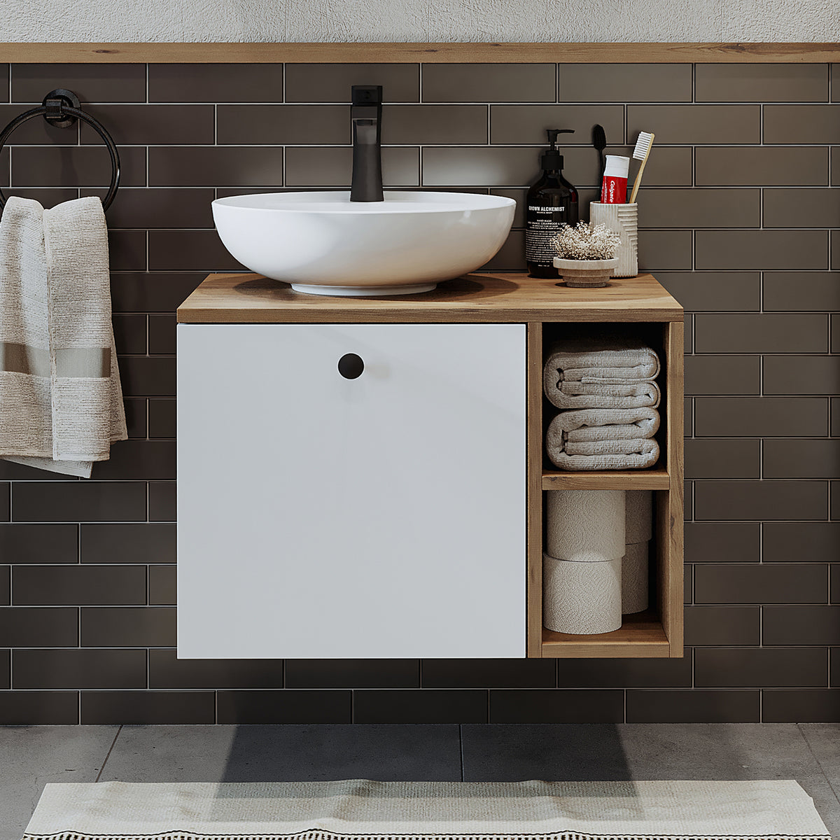 Roomart Badezimmermöbel LOTUS 65 cm – Keramik Waschbecken &/oder Unterschrank – Modernes Design – Varianten wählbar – Weiß-Eiche, Eiche oder Anthrazit-Eiche - badezimmerschrank, waschbecken, badezimmermöbel, badschrank, badezimmer, mit, unterschrank, badm