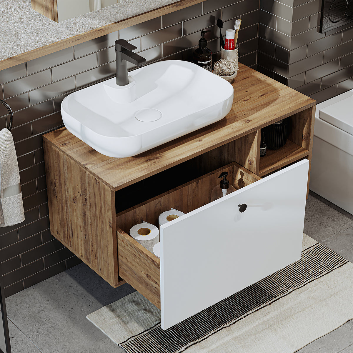 Roomart Badezimmermöbel LOTUS II- 95 cm – Keramik Waschbecken &/oder Unterschrank – Modernes Design – Varianten wählbar – Weiß-Eiche, Eiche oder Anthrazit-Eiche - badezimmerschrank, waschbecken, badezimmermöbel, badschrank, badezimmer, mit, unterschrank,