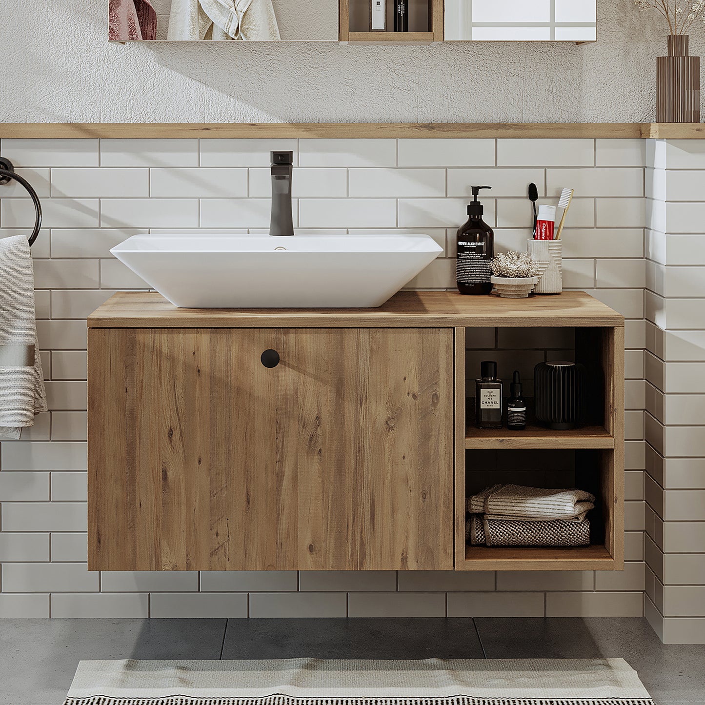 Roomart Badezimmermöbel LOTUS I - 95 cm – Keramik Waschbecken &/oder Unterschrank – Modernes Design – Varianten wählbar – Weiß-Eiche, Eiche oder Anthrazit-Eiche