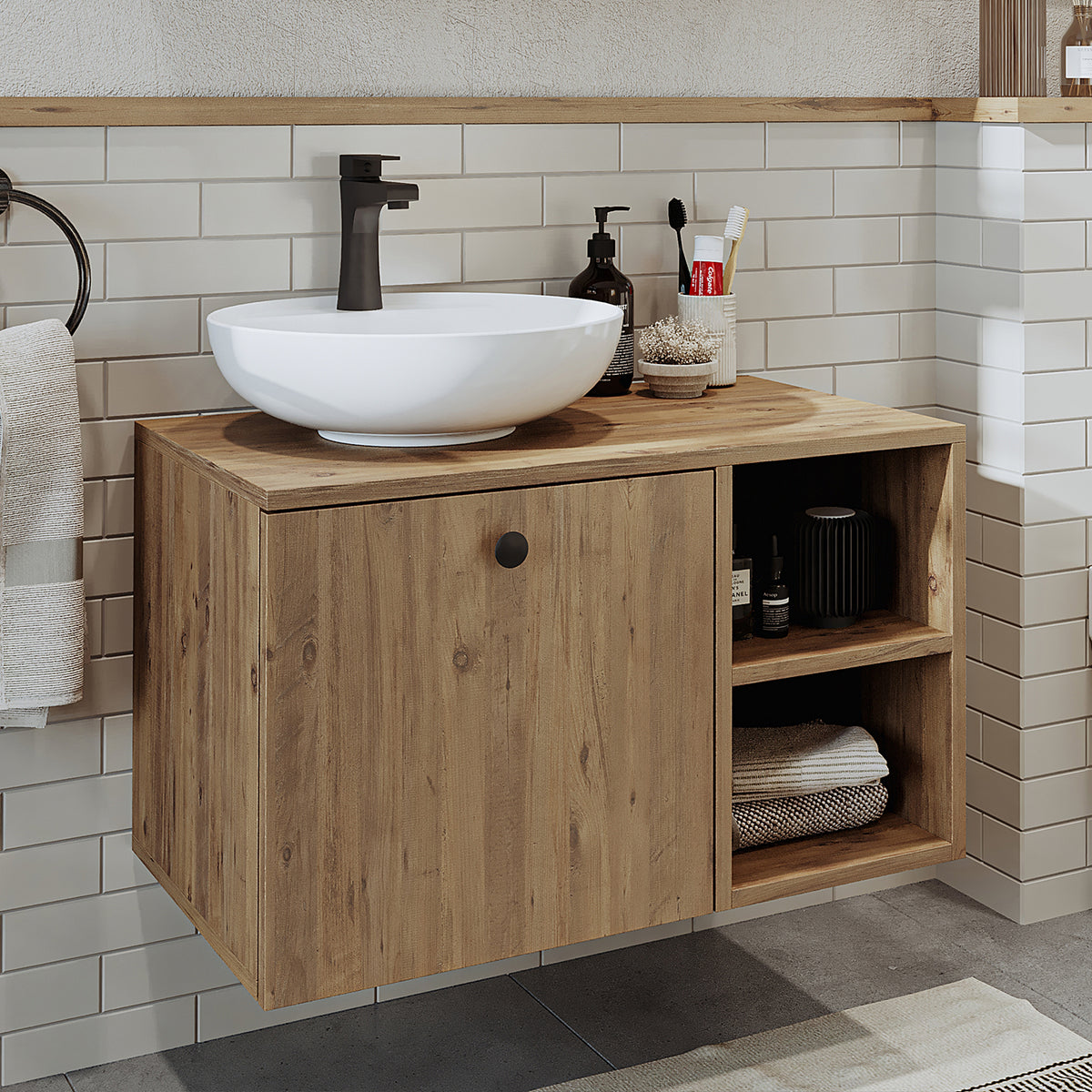 Roomart Badezimmermöbel LOTUS 75 cm – Keramik Waschbecken &/oder Unterschrank – Modernes Design – Varianten wählbar – Weiß-Eiche, Eiche oder Anthrazit-Eiche - badezimmerschrank, waschbecken, badezimmermöbel, badschrank, badezimmer, mit, unterschrank, badm