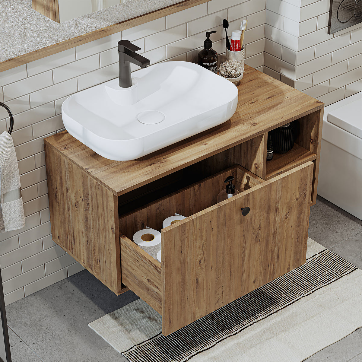 Roomart Badezimmermöbel LOTUS II- 95 cm – Keramik Waschbecken &/oder Unterschrank – Modernes Design – Varianten wählbar – Weiß-Eiche, Eiche oder Anthrazit-Eiche - badezimmerschrank, waschbecken, badezimmermöbel, badschrank, badezimmer, mit, unterschrank,