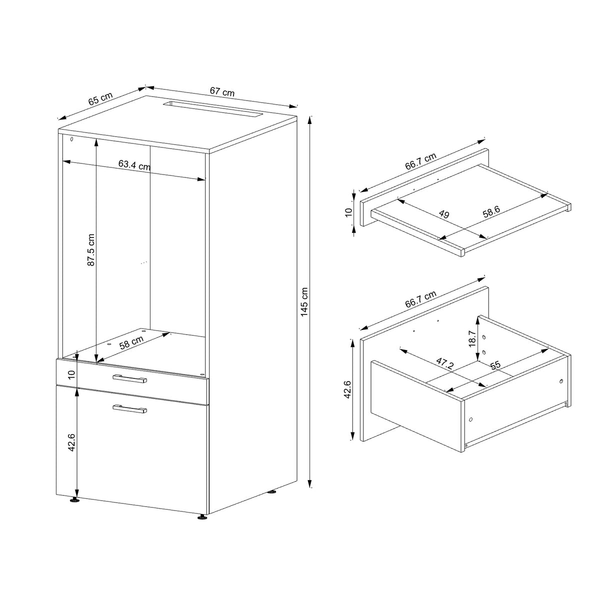 Maßzeichnung Waschmaschinenschrank SERIE 2, ca. 67 x 145 x 65 cm
